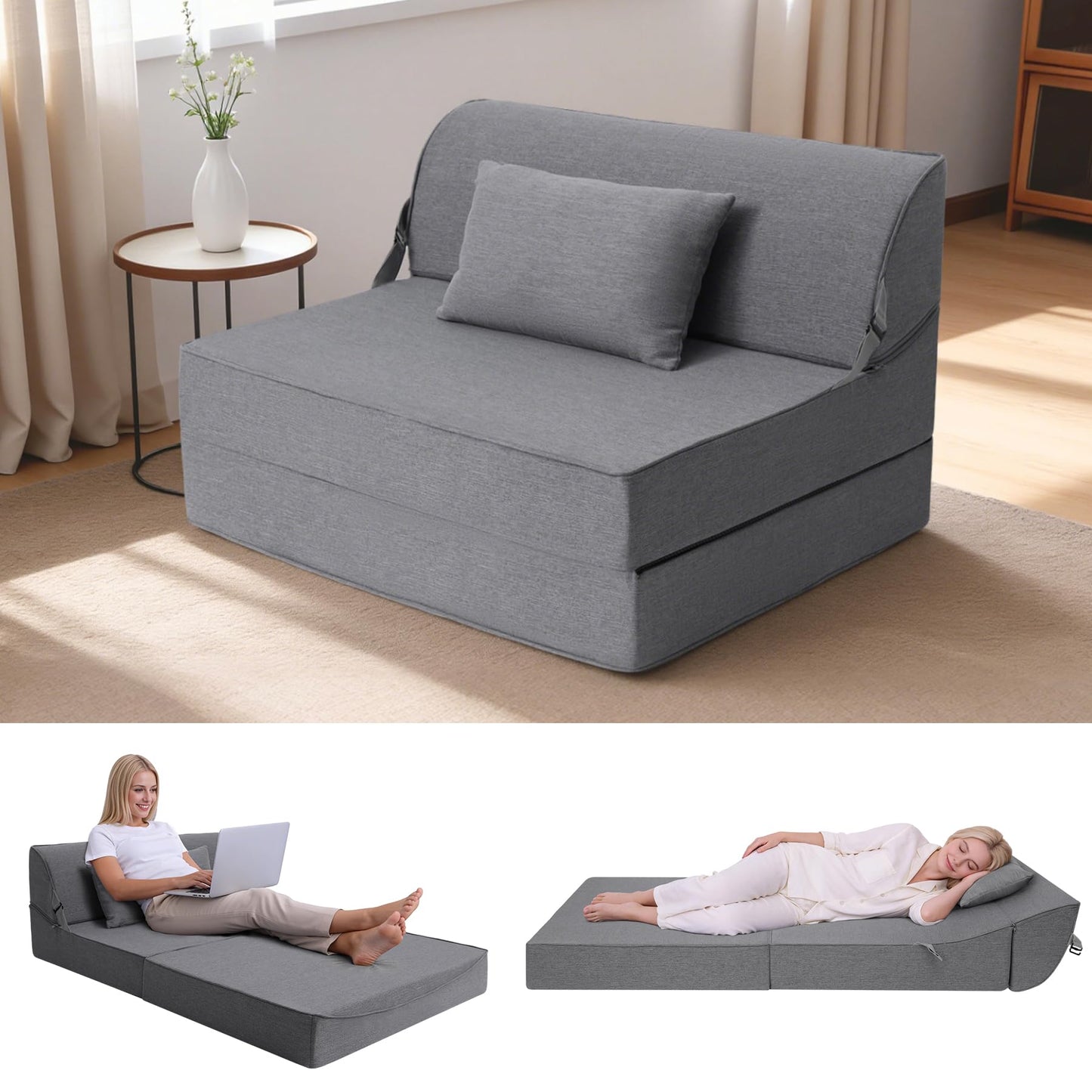 BeBen Folding Sofa Bed Chair, Convertible Sleeper Chair Futon Couch, Foldable Boneless Floor Lounge Sofa, Twin Foam Chair Bed for Small Spaces, Dorm, Guest Room, Living Room, Apartment, Dark Grey