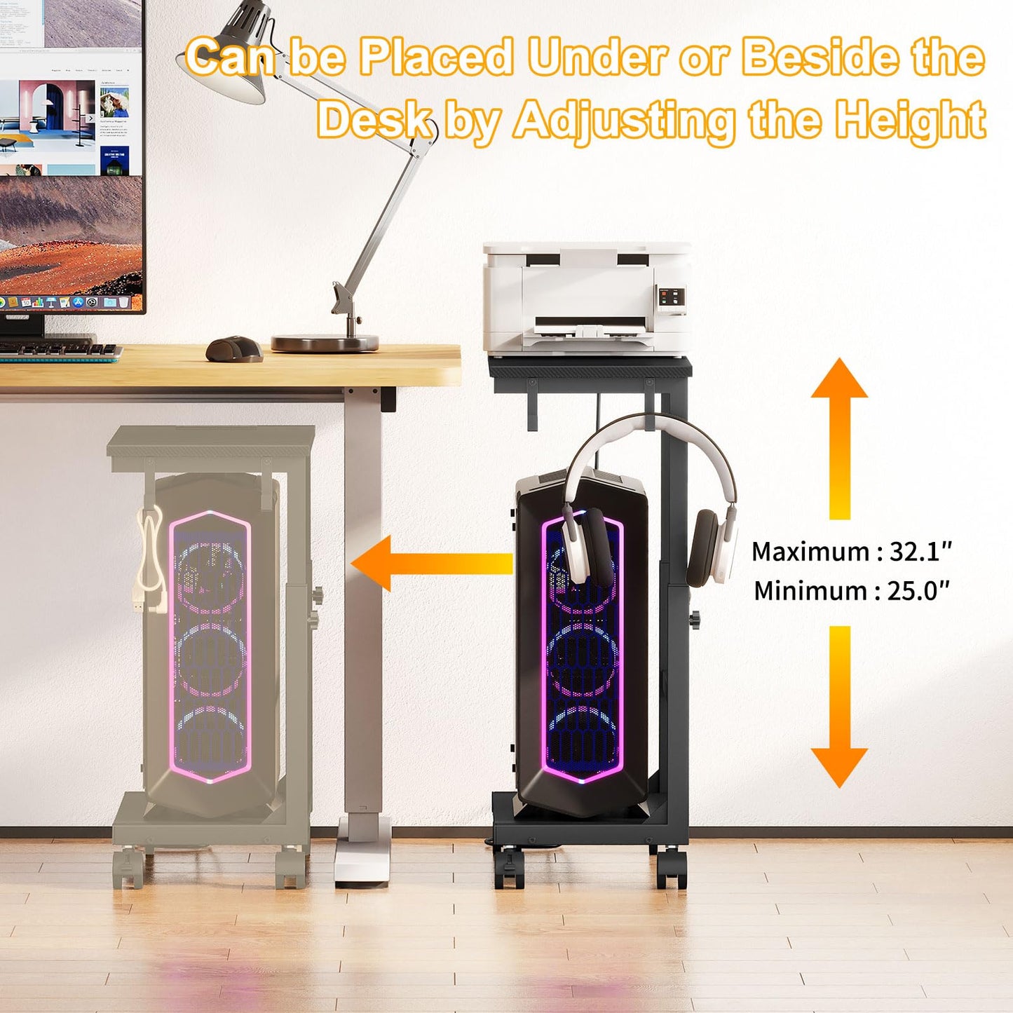 Snughome Computer Tower Stand with Charge Station, 25.0"-32.1" Height Ajustable PC Tower Stand for Floor, Mobile CPU Holder Cart for Carpet with Hooks, PC Cart for Gaming Office Home