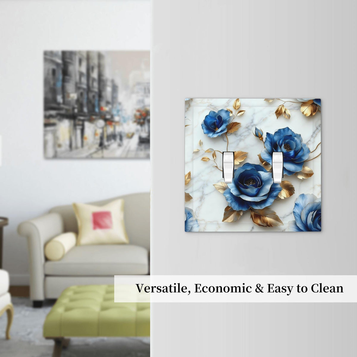 Decorative Art Light Switch Covers Gilded Blue Roses 2 Gang Double Toggle Wall Plate Decorative Switchcover Electrical Switchplate for Home Decor
