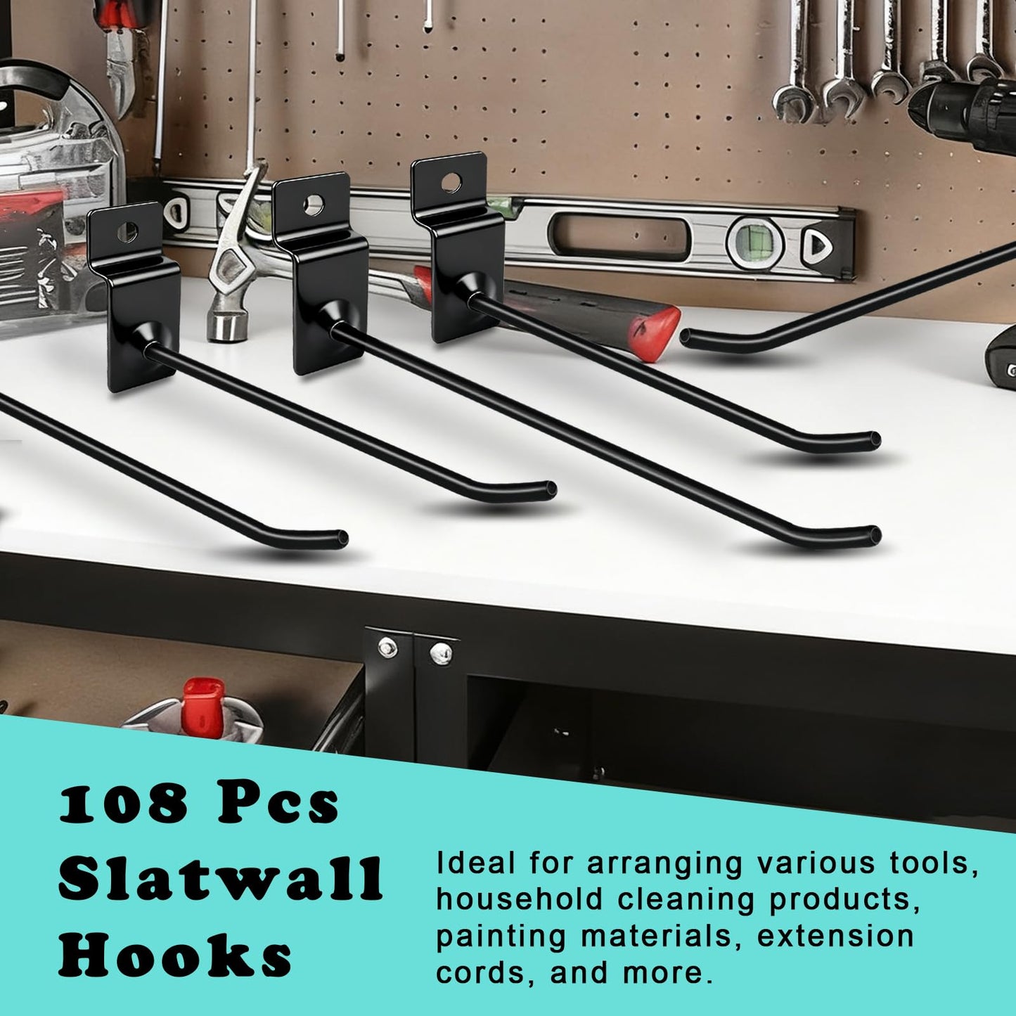 UCEHIPAW 108 Pcs Slatwall Hooks 6 and 8 Inch Black Metal Hangers Heavy Duty Hanging Shelf Brackets Slat Board Peg Accessories Panel Display Hooks for Retail Display Garage Shop