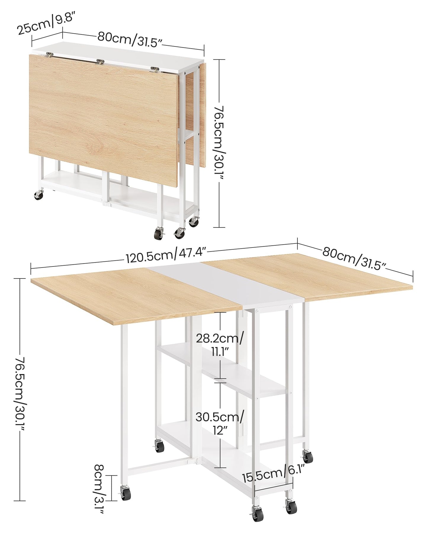 CHOEZON Folding Dining Table, Movable Dining Table, Kitchen Table for Small Space, Foldable and Expandable Desk Furniture with 6 Wheels, for Dining, Living Room, Apartment, White and Natural TCZ01WN