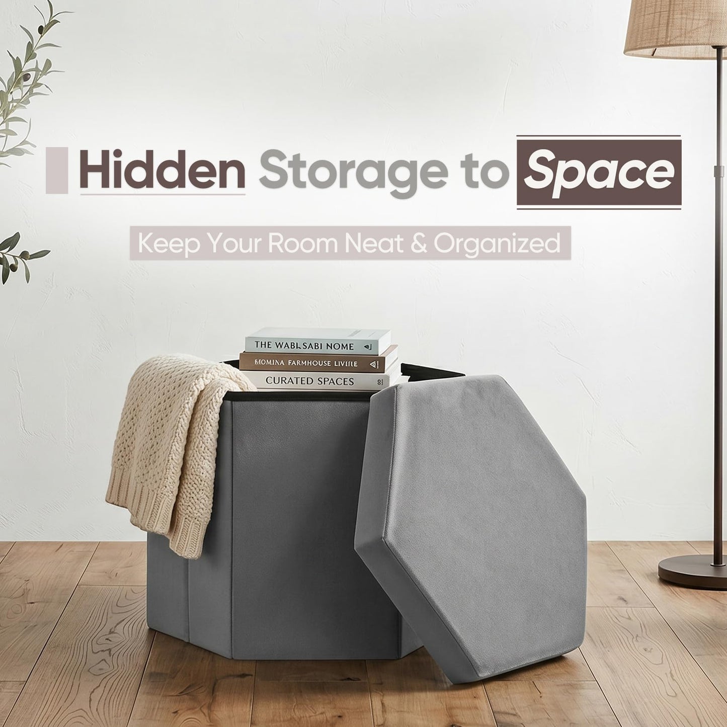ZOLANOful Hexagon Storage Ottoman for Small Spaces, Velvet Accent Footstool with Hidden Storage, Foldable Ottoman Seat for Living Room, Bedroom, Dorm & Entryway, Charcoal, 15 x 16.9 x 15 Inch