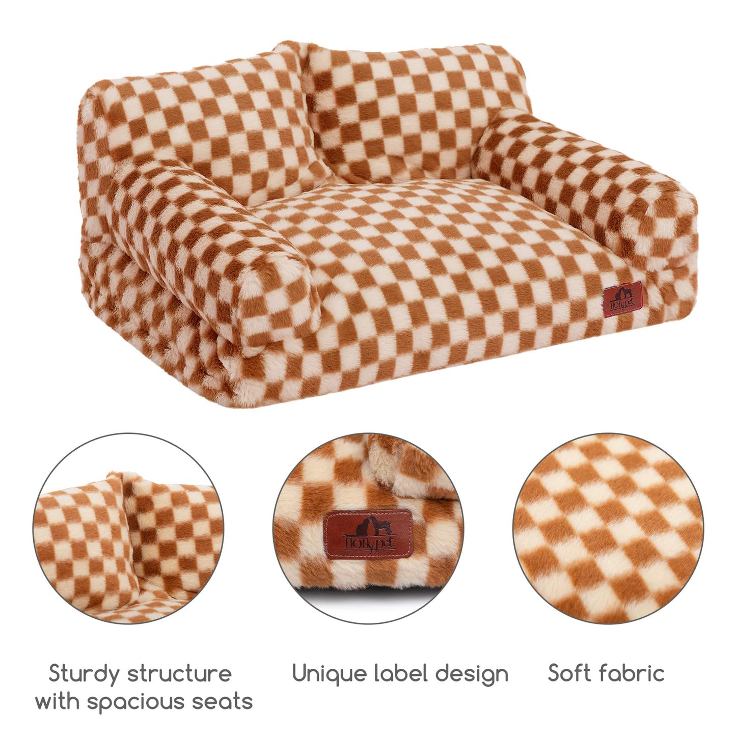 Hollypet Fluffy Dog Cat Bed Pet Couch Beds Plush Soft Warming Washable Puppy Bed for Small Medium Dogs and Large Cats, Brown and Light Yellow, 24" L x 18" W x 10" Th