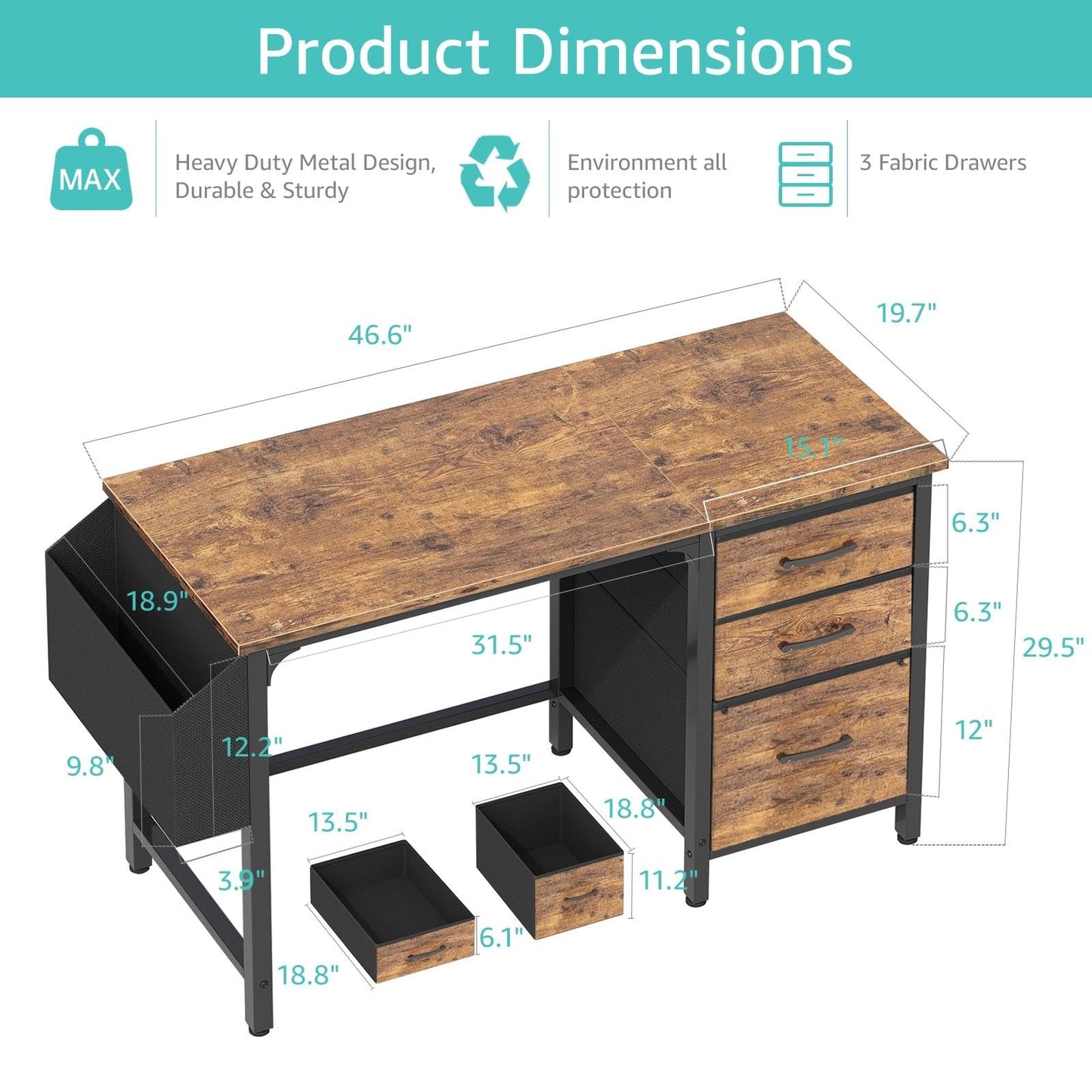 Lufeiya Computer Desk with File Drawers Cabinet, 47 Inch Reversible Home Office Desks with Fabric Filing Cabinet for Small Space, Study Writing Table PC Desks, Rustic Brown