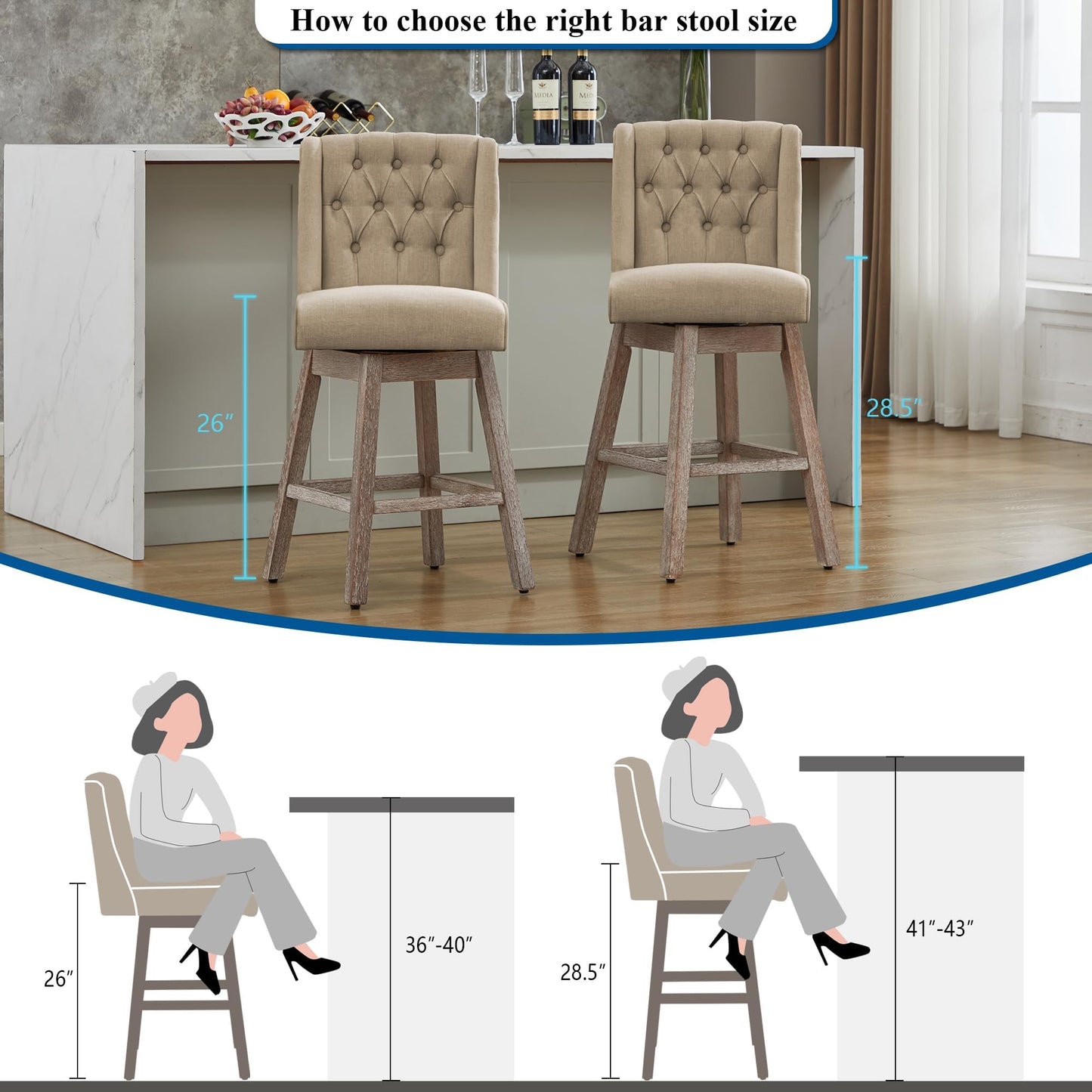 UDAX 26" Swivel Bar Stools Set of 4, Counter Height Barstools with Back, Linen Fabric Upholstered Bar Stools, Modern Barstools Wood Legs for Kitchen Island Dining Room Bar (Brown, 4PCS-26in)