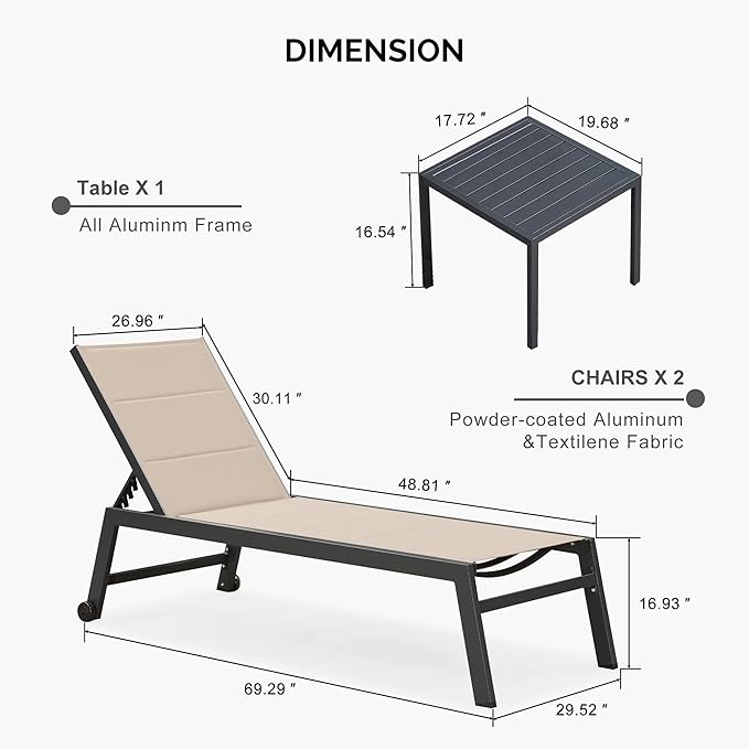 PURPLE LEAF Extra Large Outdoor Chaise Lounge 2 Pieces Aluminum Patio Lounge