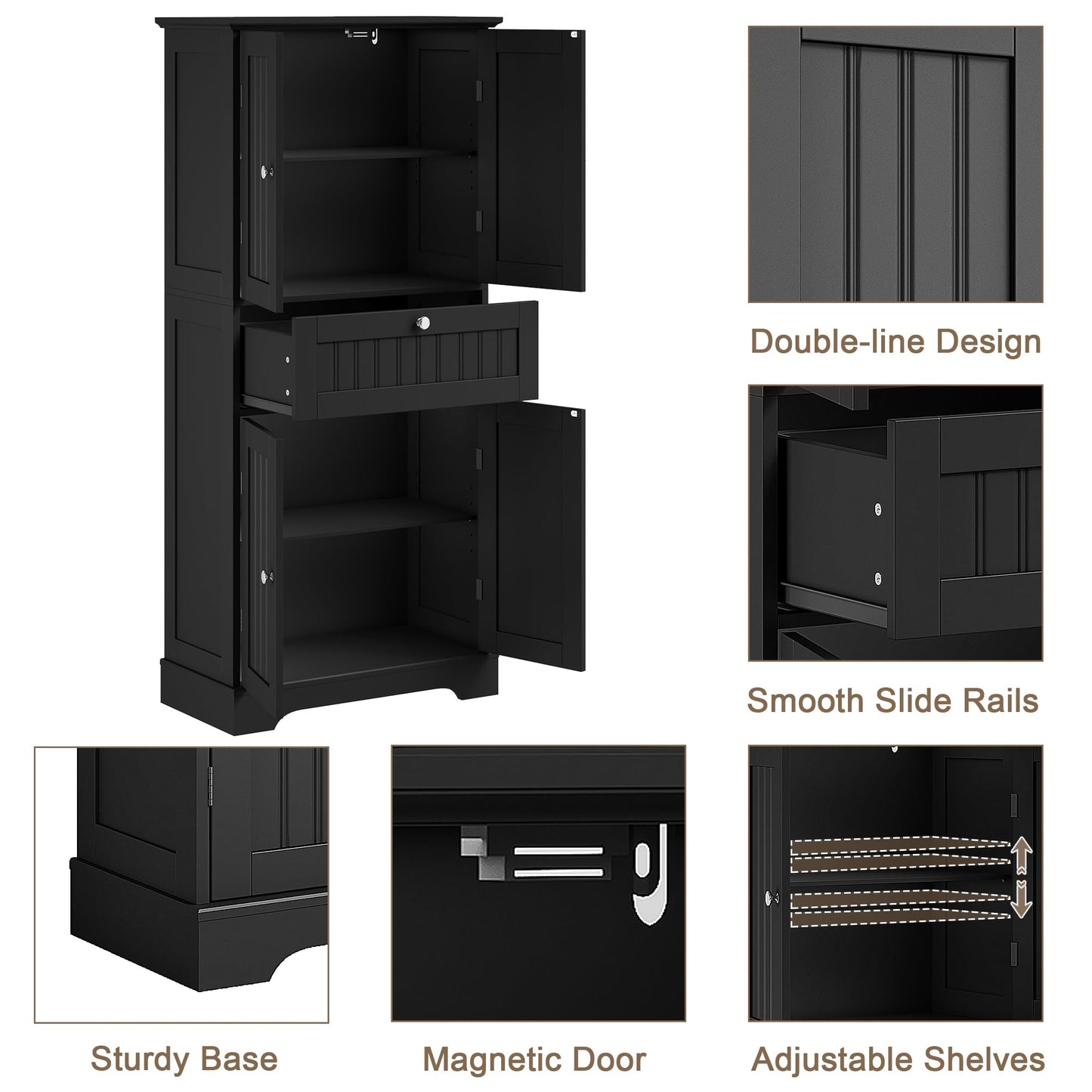 ChooChoo 51" H Tall Bathroom Floor Cabinet, Modern Bathroom Storage Cabinet with Drawer and Adjustable Shelves, Freestanding Kitchen Pantry Cupboard with 4 Doors for Living Room, Black