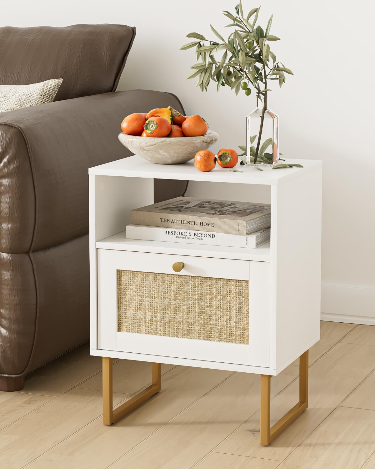 Apetaccat Rattan Nightstand, Boho Night Stand Farmhouse Wood Bedside Table with Storage and Open Shelf, End Side Accent Table for Bedroom,Living Room,White