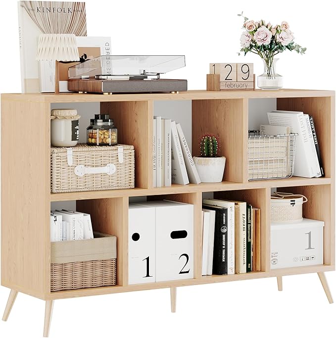 7-Cube Storage Organizer with Natural Wood Legs, Mid-Century Modern Bookcase