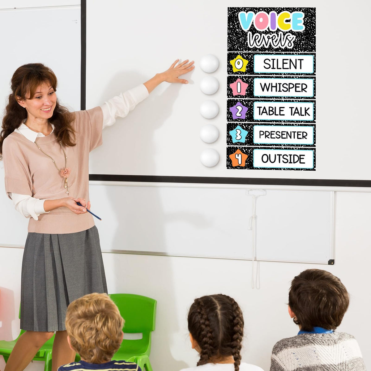 Glooglitter 5 Pcs School Magnetic Voice Level Chart Poster and Push Light Composition Notebook Classroom Decor LED Tap Light Chart Noise Voice Level Sign for Classroom Teacher Back to School Supplies