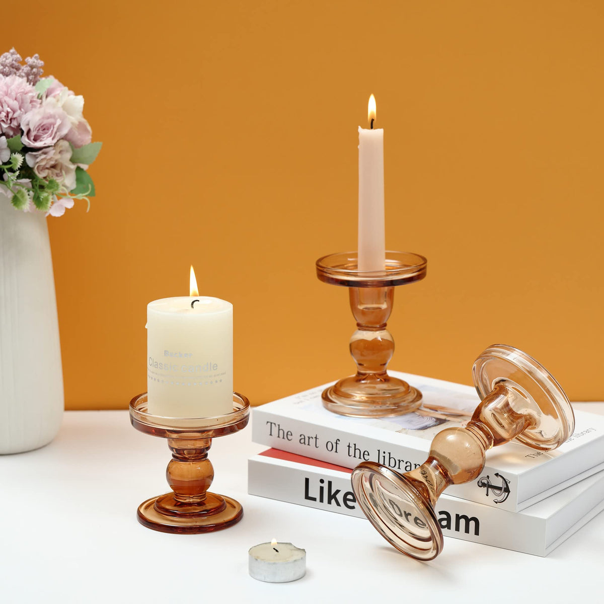GMWD 3 Pcs Glass Candle Holder Set Clear, Amber Candlesticks Holders Pillar Taper Candles Tealight Stand for Wedding Centerpieces Home Decorations Dining Table