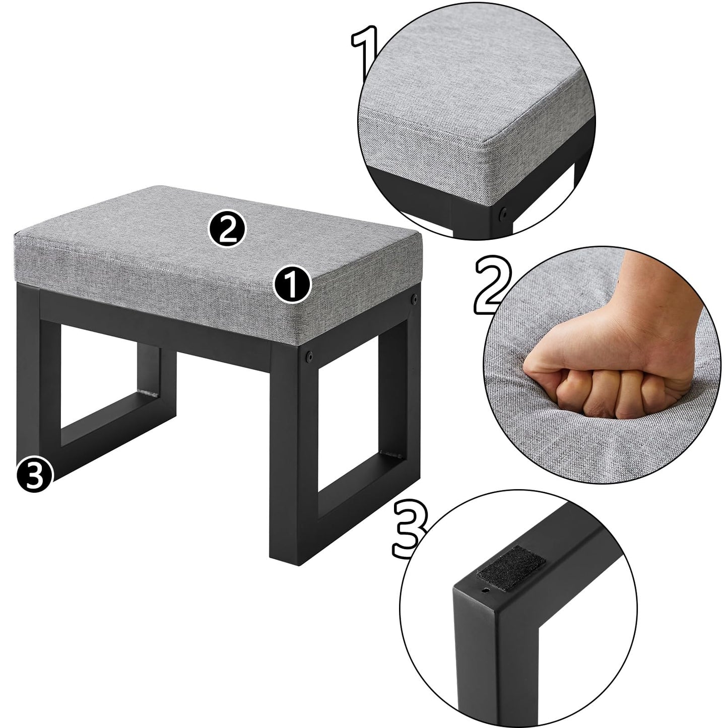 IBUYKE 16 Inch Small Foot Stool Ottoman, Rectangle Linen Foot Rest with Padded Seat and Metal Legs, Modern Ottoman Foot Rest for Living Room Bedroom Entryway Couch, Grey-Blue WBD001L