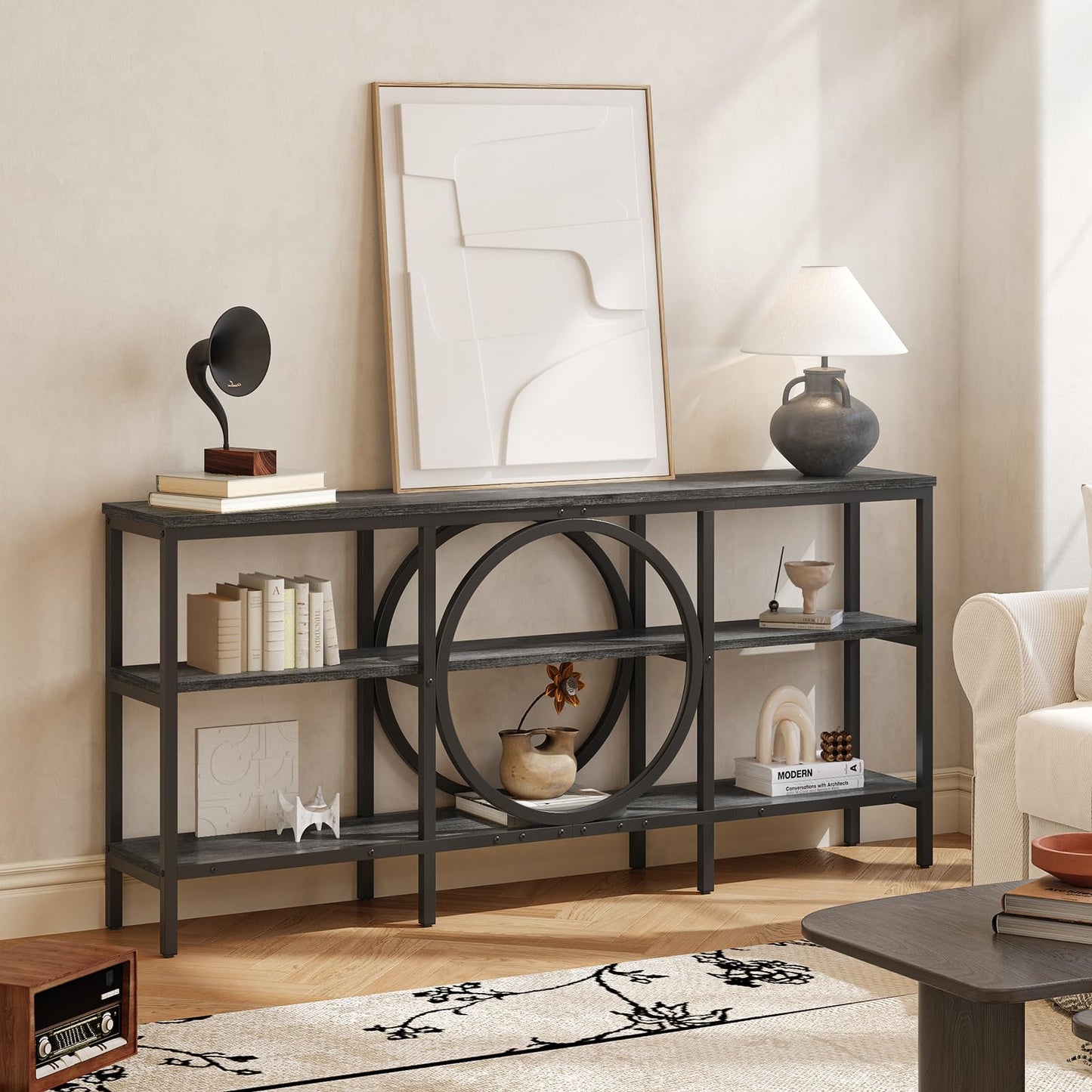 Tarnorci 66.9'' Console Table, 3-Tier TV Stand with Storage, Home Sofa Living Room Table Behind the Couch for Entryway (Grey Oak+Black)