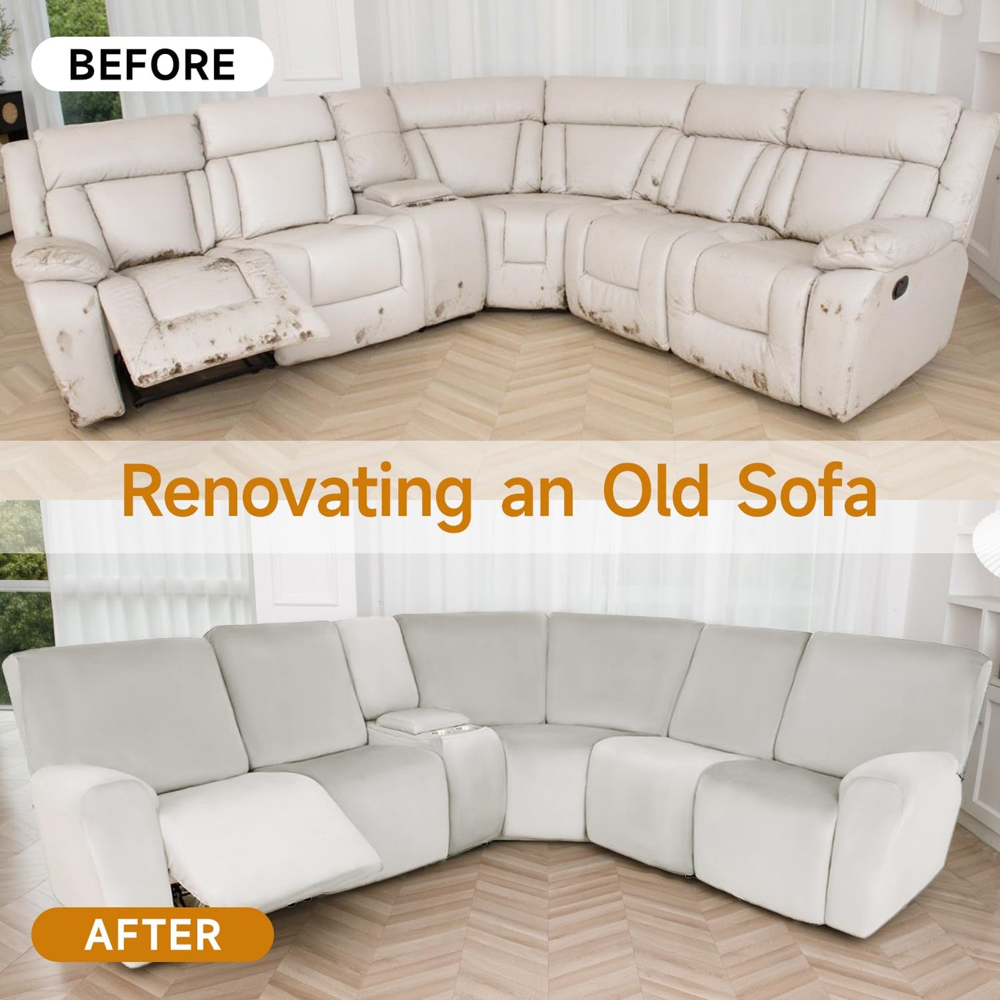 HDCAXKJ Reclining Sectional Couch Covers Velvet L Shaped Sectional Sofa Cover Washable Stretch Soft Corner Recliner Slipcover with Non-Slip Elastic Bottom (5 Seat and 2 Middle Console, Cream)