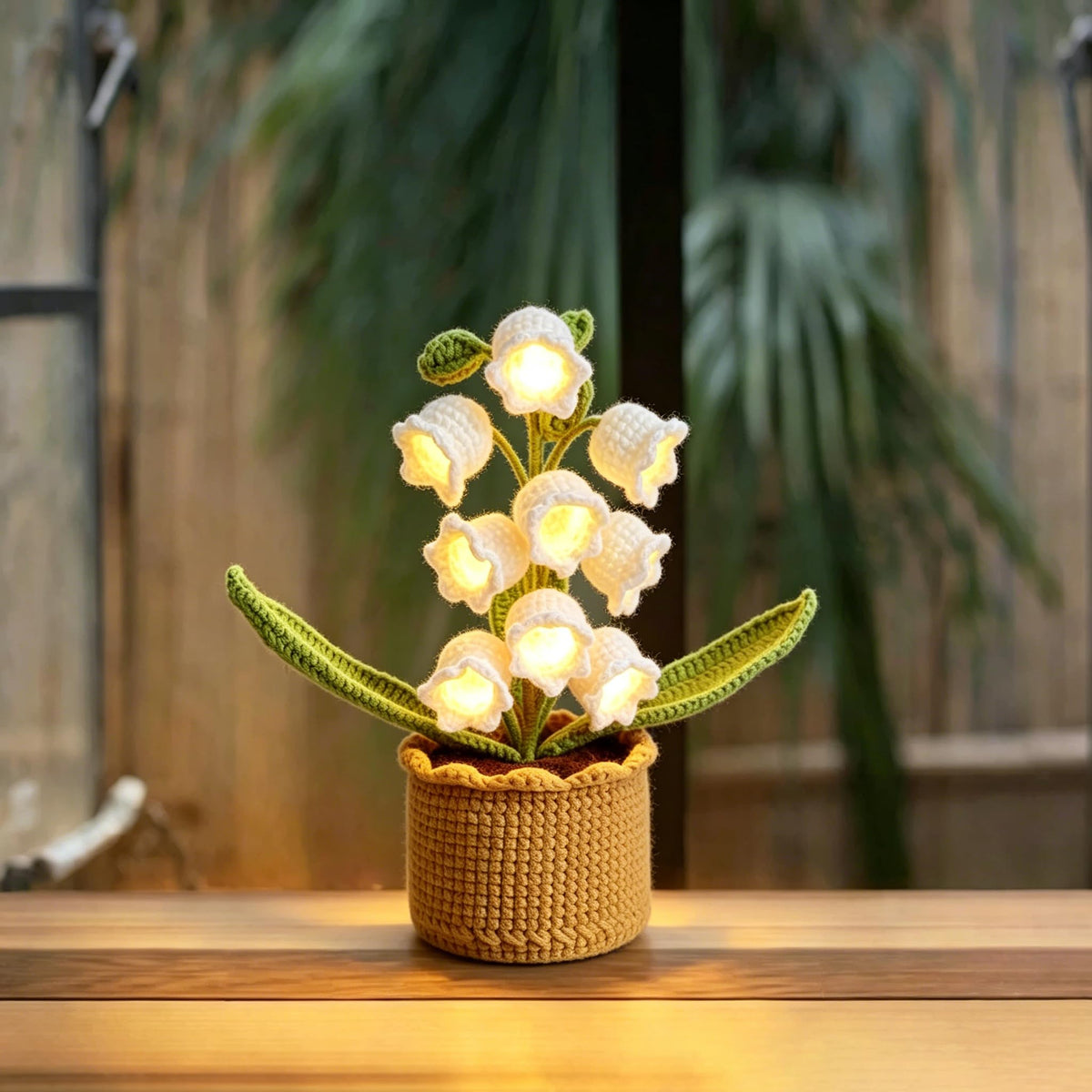 Handmade Crochet Lily of the Valley Lamp, Artificial Flower Night Light with 9 Flowers, Warm LED Crochet Plant Decor for Bedroom, Ideal Gift for Mother's Day, Christmas, Valentine's Day (White)
