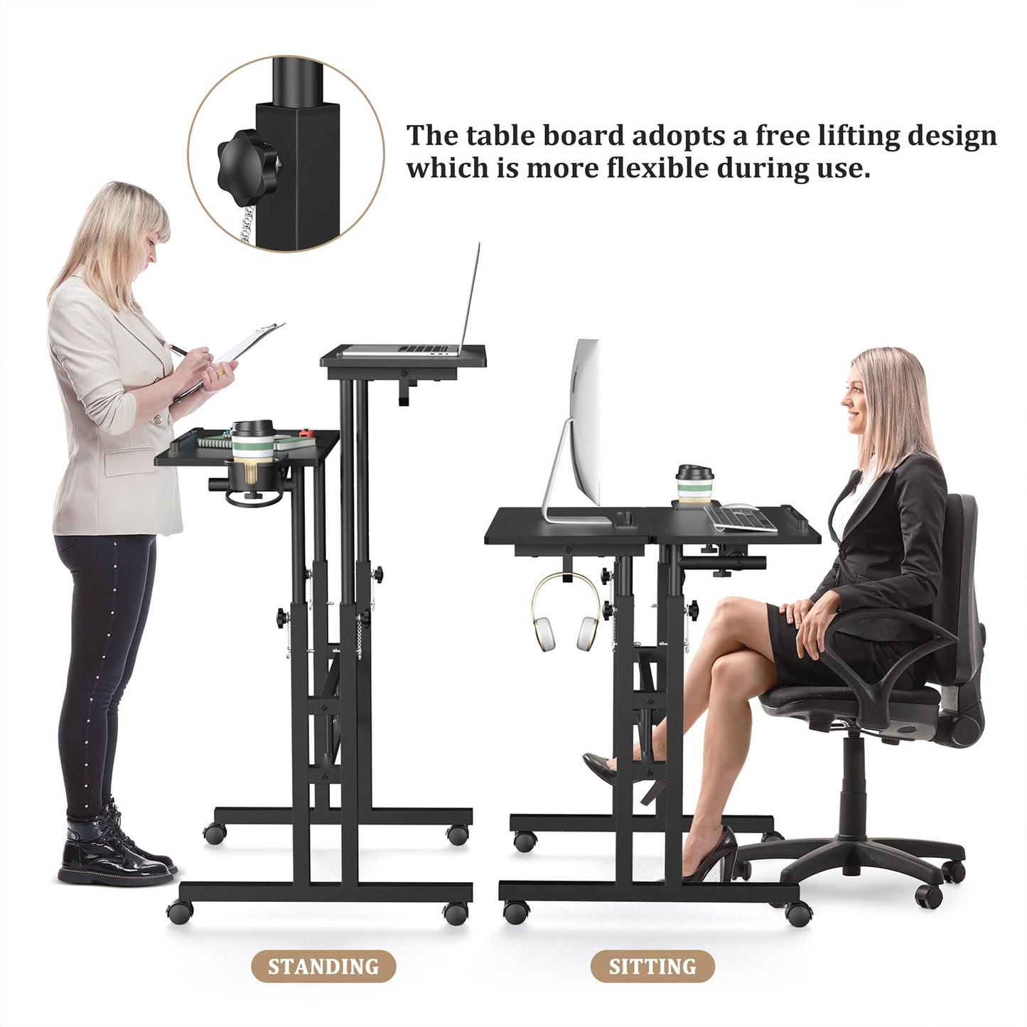 Enayplon Small Standing Desk with Wheels, Mobile Stand Up Desk, Portable Standing Table on Wheels for Walking Pad, Rolling Computer Desk Adjustable Height, Tall Table