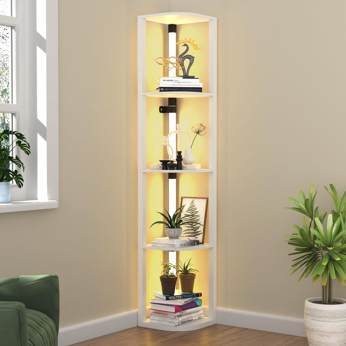 VTRIN Corner Shelf with Light, Floor Lamps with Shelves for Living Room, Small Space, Modern Home Decor Stand Sturdy 5-Tier Corner Bookshelf Cabinet Display Shelf for Collectibles, White