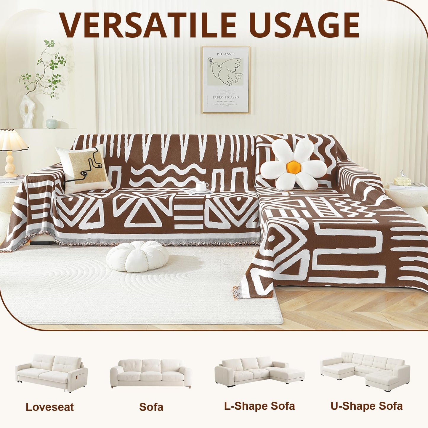 Royhom Sectional Couch Covers 2 Pieces, L Shaped Couch Cover Blanket, Boho Sofa Covers Washable, Sofa Slipcover with Tassel, Suitable for All Seasons (71"x118"+71"x118", Coffee)