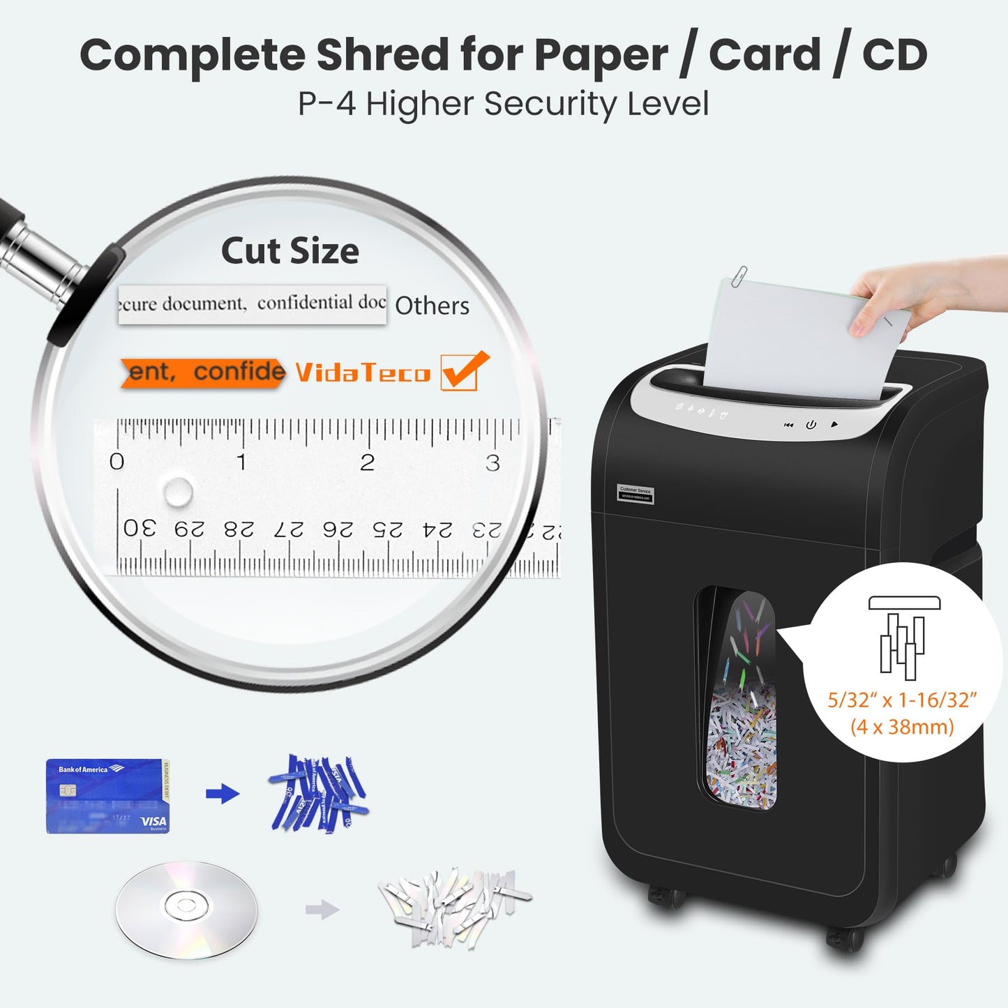 VidaTeco 25-Sheet Heavy Duty Paper Shredder for Office, 40-Minute Continuous Run P-4 Cross Cut Commercial Grade Shredder, Auto-Reverse Anti-Jam, Shreds Staple/CD/Credit/Card, 7.9-Gallon Basket, ETL