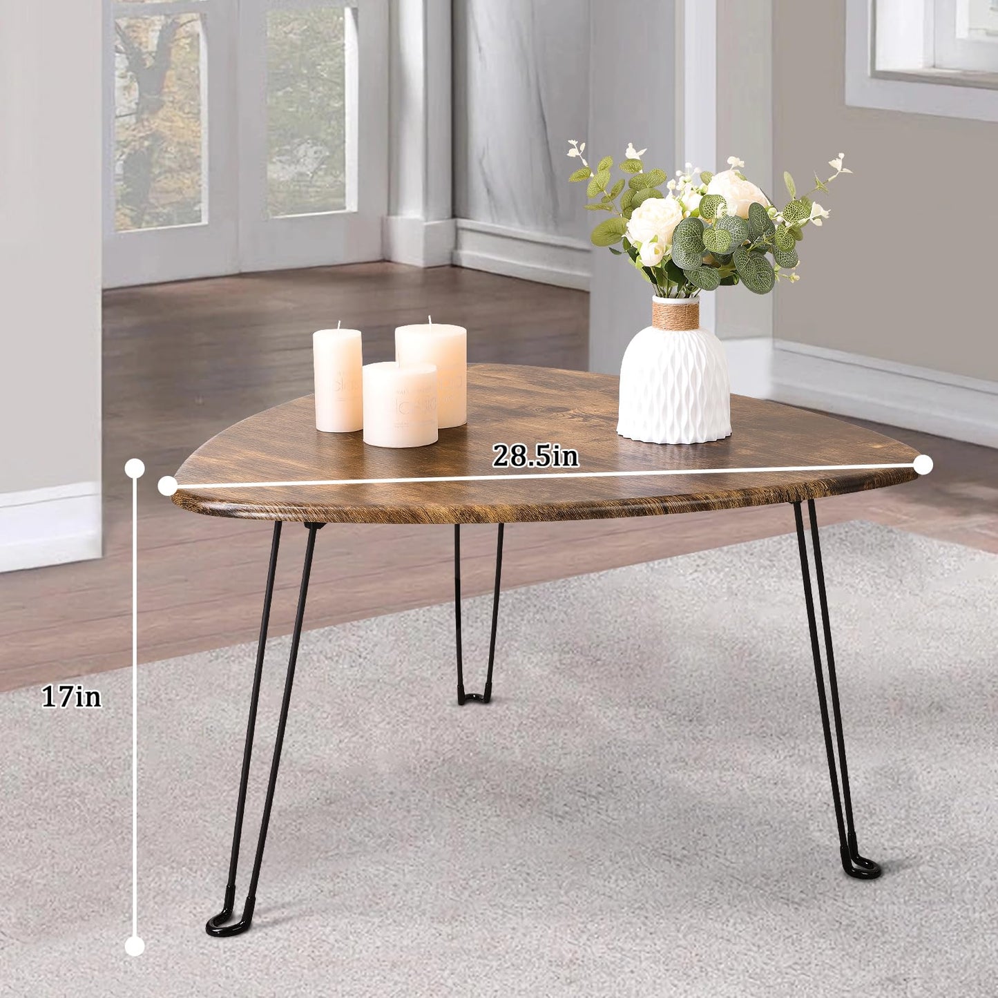 FEUFOAM Folding Coffee Table Triangle Designs Oval Coffee Tables Mid Century Wooden Triangular Accent Table with Metal Legs Foldable Industrial Sofa Center Table for Living Room Space Saving