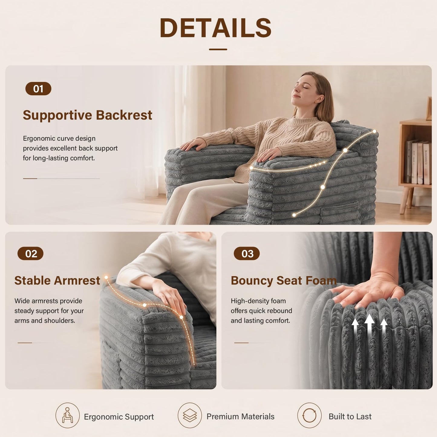 Tiita Bean Bag Chair for Adults, Foam Lounge Chair with Back Support and Armrests, Soft Corduroy Cover, Removable Washable Sofa Chair for Reading, Gaming, Living Room & Bedroom, Dark Grey