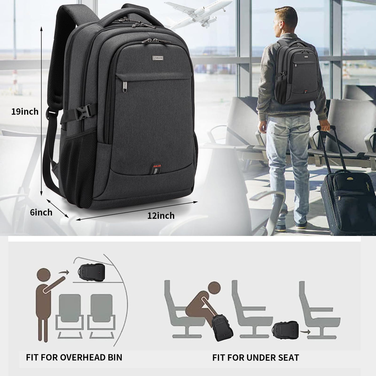 DUSLANG 17 Inch Laptop Backpack for Travel Water Resistant College Backpack for Men/Women Laptop Bag with USB Charging Port,Black
