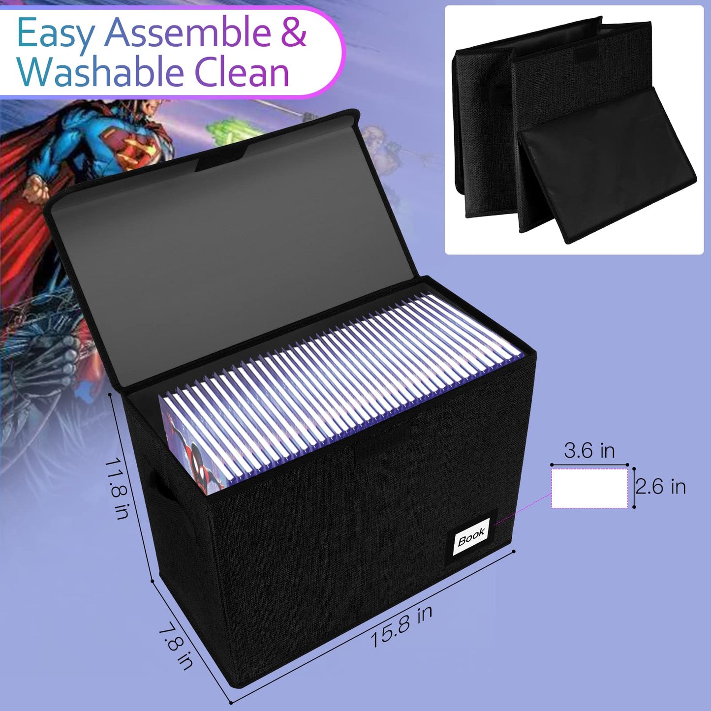YNSZAS Comic Book Storage Box 15.8" X 7.8" X 11.8", Collapsible Holds 160-180 Comic Book Organizer Heavy Duty Bin Container Holder Shelf (Black)
