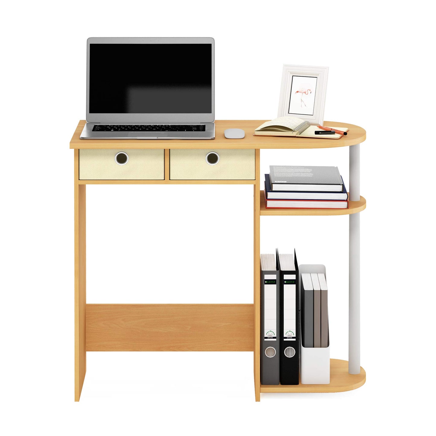 Furinno Go Green Desk, 31.5" Wide Gaming Desk with 2 Side Shelves and Storage Bins, Computer Desk, Office Desk for Home Office, Study Room, Dorm, Bedroom, Beech