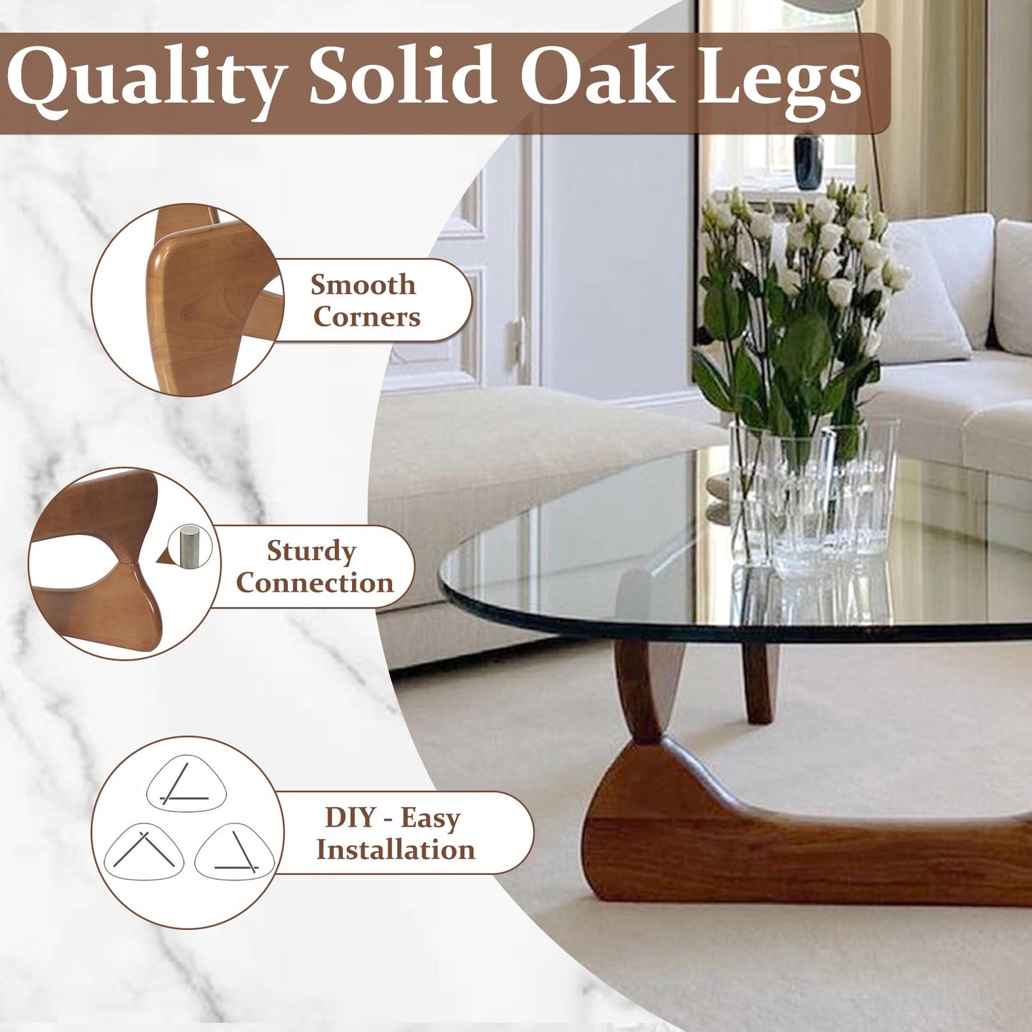 Modern Glass Coffee Table, 35.8" Small Center Table, Mid Century Tea Tables with Tempered Glass Top & Unique Solid Legs, for Office Small Space Living Room
