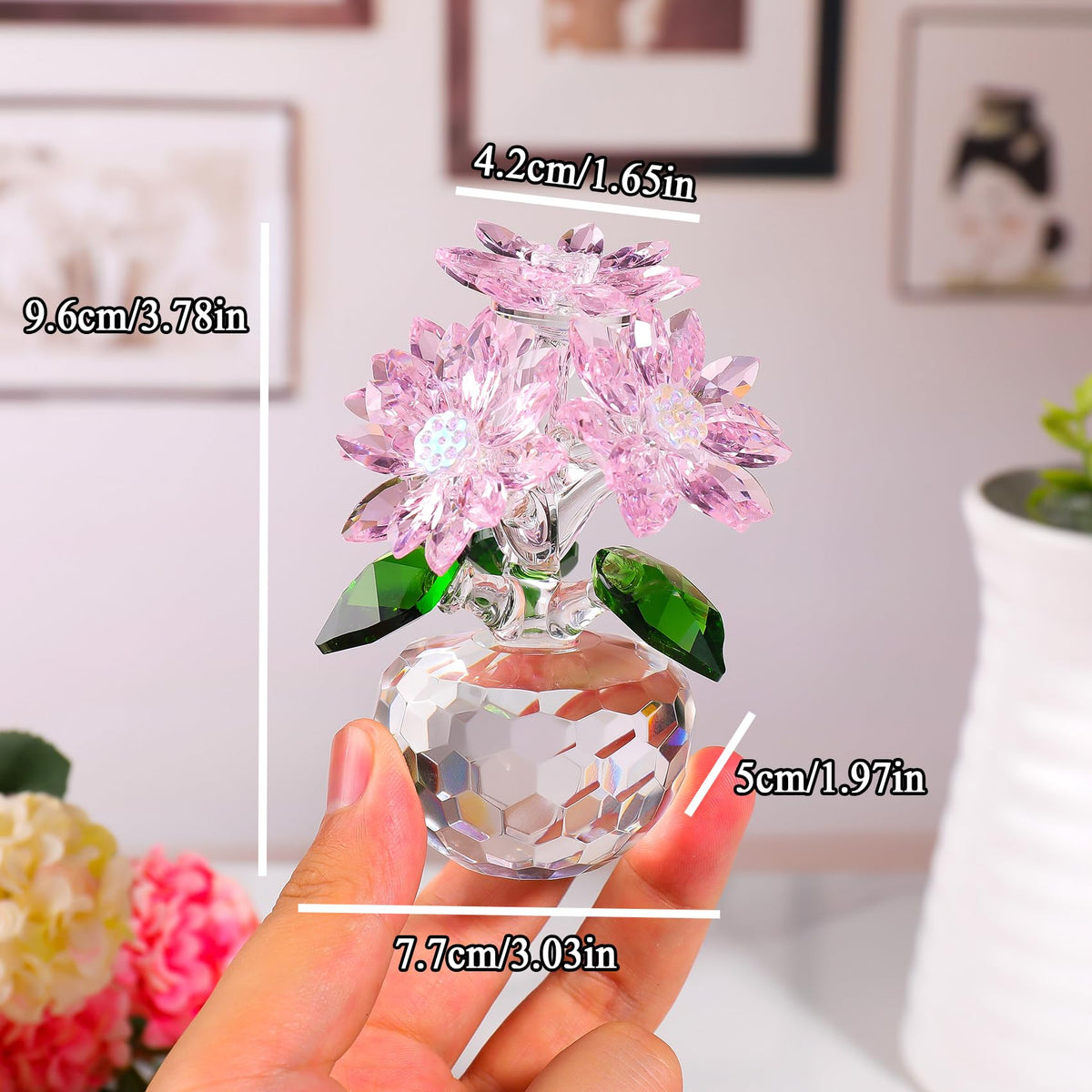 Ornalrist Crystal Pink Daisy Flower Figurine Statue Paperweight Glass Pink Daisy Bouquet Floral Collectible Decor Gifts for Friends Women (with 5 Flowers)