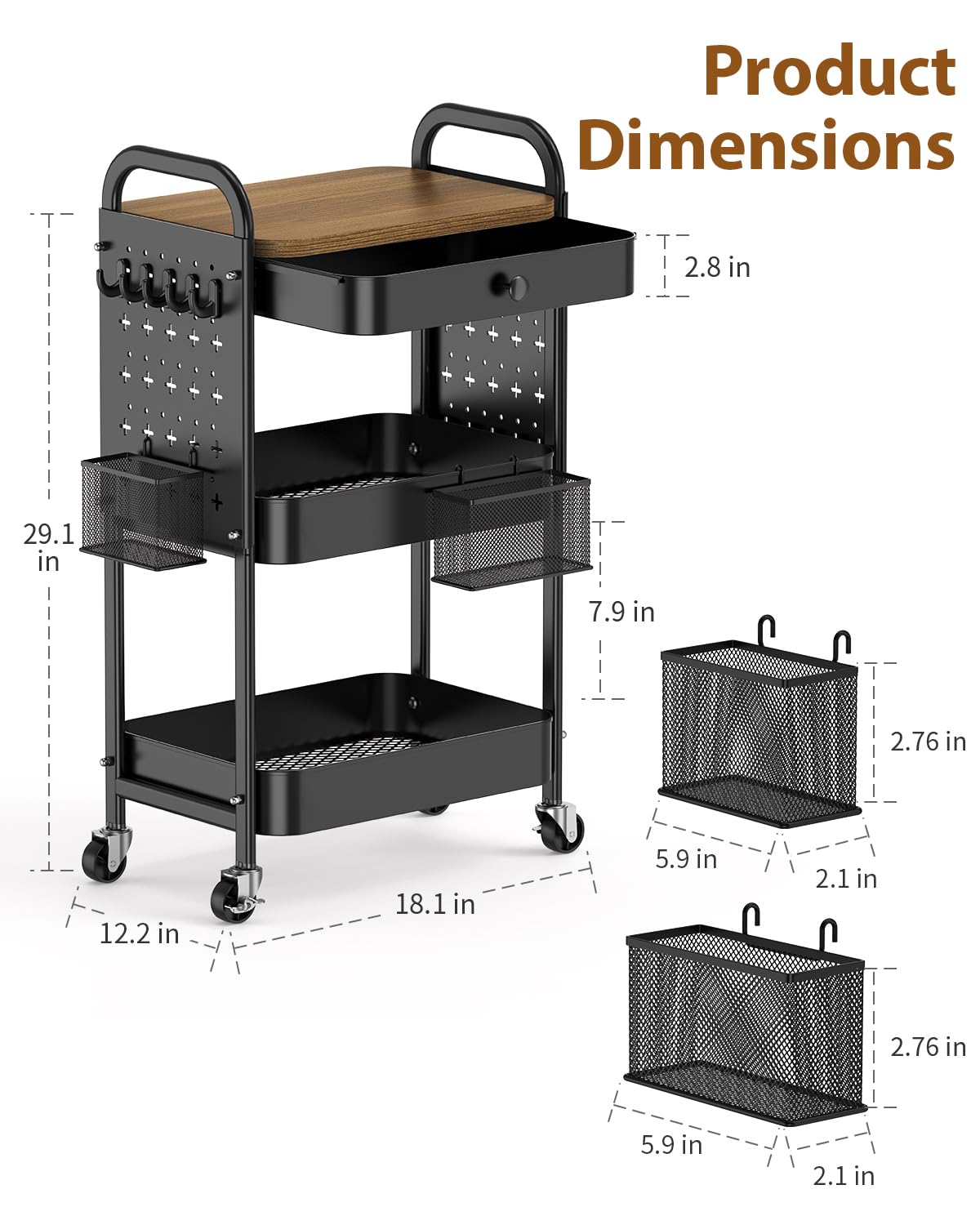 ALVOROG Rolling Cart with Drawer and Wood Table Top, 3 Tier Metal Rolling Utility Cart on Wheels with DIY Pegboards, Hanging Baskets, Hooks for Bedroom,Office,Craft Supplies