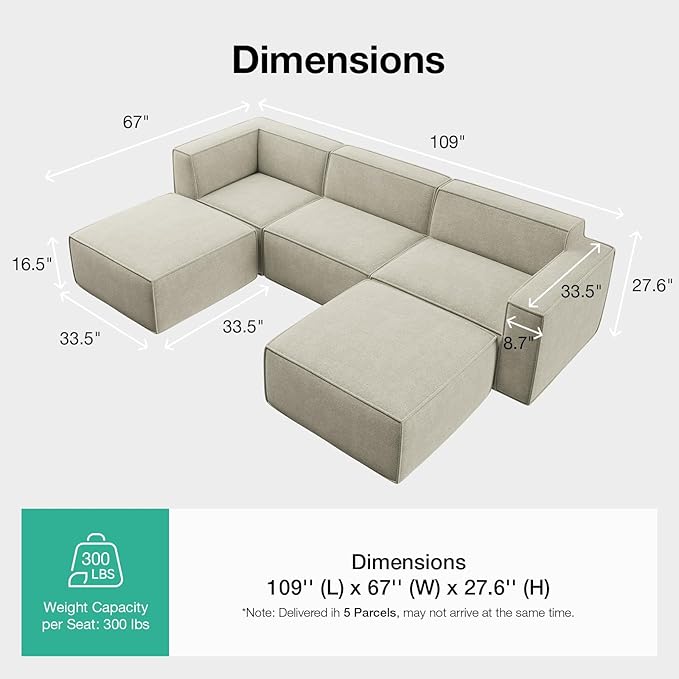 Novilla 109" Modular Sectional Sofa, No Assembly Cloud Sectional Couch