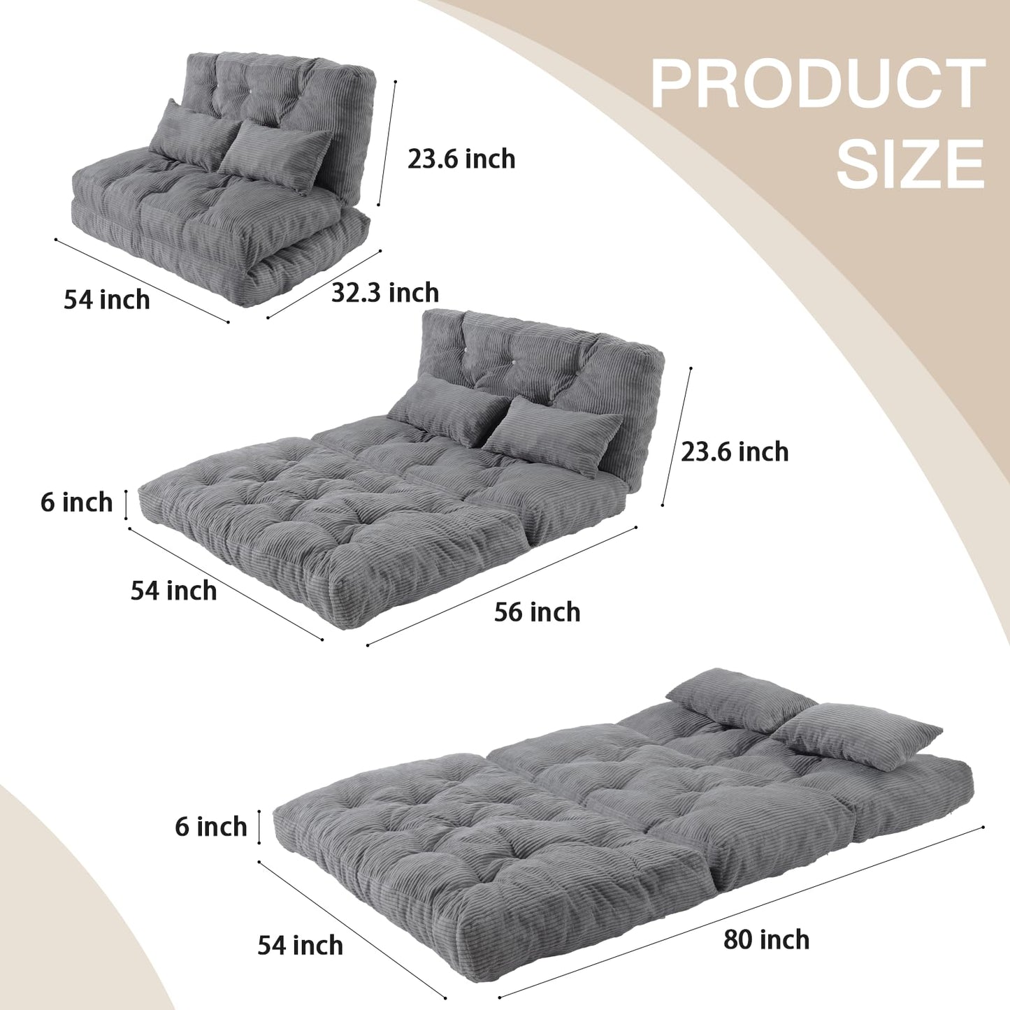 Folding Sofa Bed, Convertible Sleeper Chair with Pillow Foldable Mattress with Back Support, Portable Fold Out Chair Bed Comfy Floor Sofa Lounge for Living Room Bedroom, Dark Gray Full 80x54 Inch