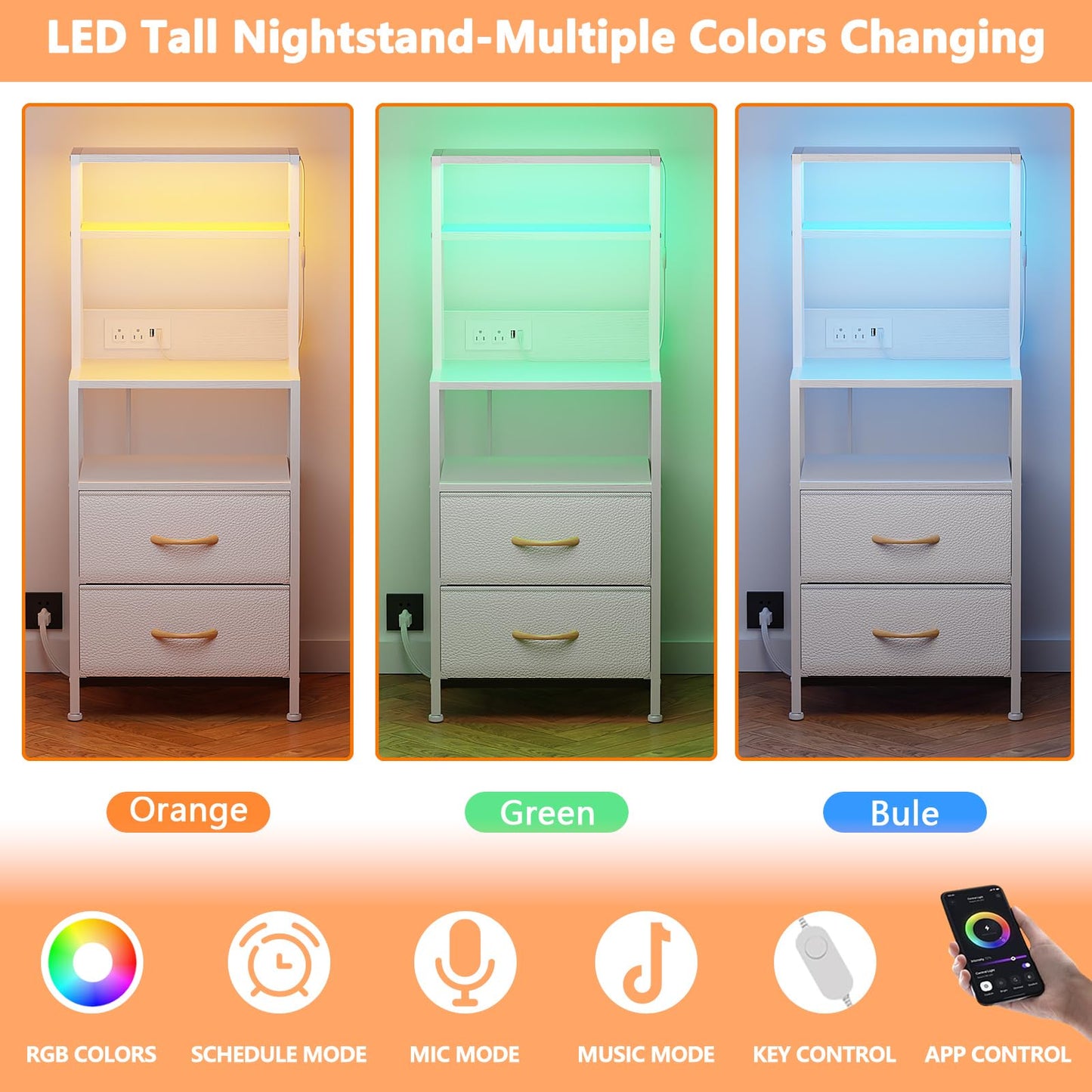 Furnulem Night Stand, Tall White Nightstand with 4-Tier Shelves, 2 PU Fabric Drawers and Led Lights, Bed Side Tables with Charging Station, Bedside Table for Bedroom