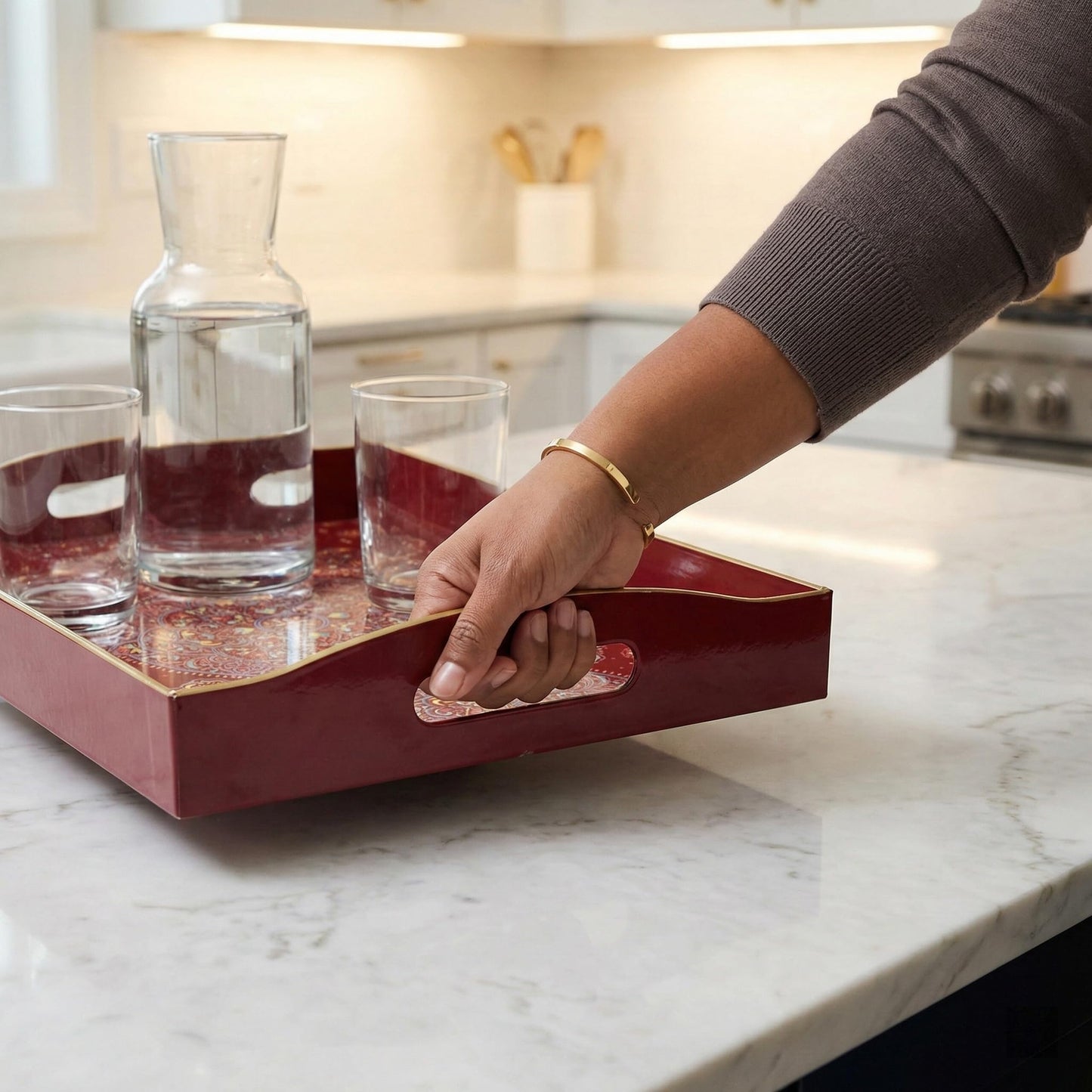 Umisriro Boho Red Decorative Tray, Serving Tray with Handles, Plastic Tray for Coffee Table, Ottoman - Ideal for Living Room & Bathroom. 15” x 11” x 2.5”