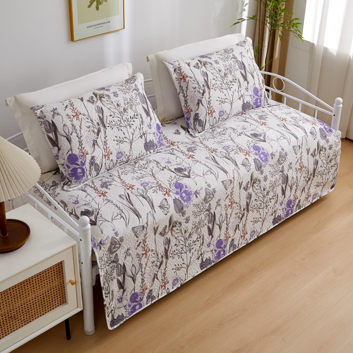 Jarson 3 Pcs Floral Daybed Cover Set Twin Size Butterfly Tulip Flower Sofa Cover Bedding Sets Double Side Bed Set for All Season Botanical Pattern Daybed Quilt Set with Pillow Shams