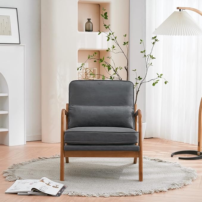 Bonnlo Microfiber Dark Grey Mid Century Modern Accent Chair, Soild Wood Padding