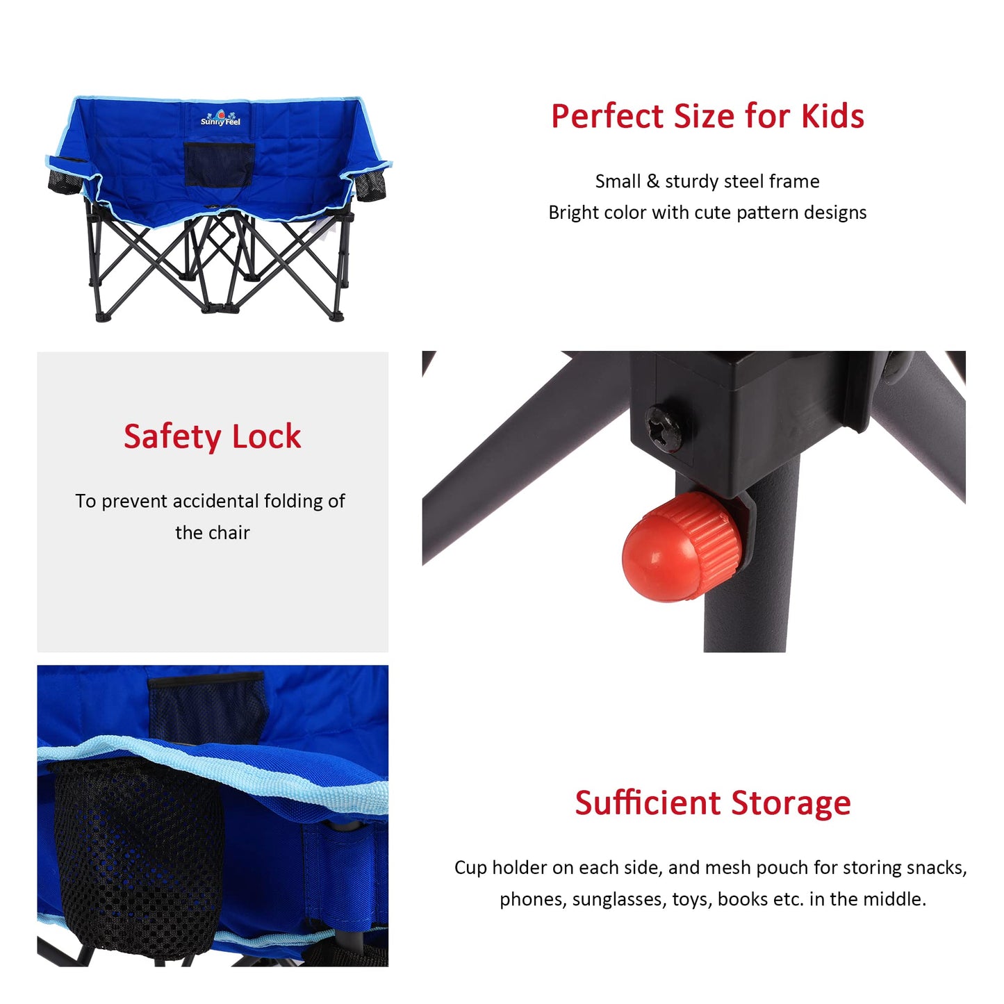 SUNNYFEEL Kids Folding Double Camping Chair, Portable Kids Camping Chairs 2 Seat Chair, Blue Padded Foldable Lawn Chairs with Cup Holder for Beach/Outdoor/Travel/Picnic, Foldable Camp Chairs 2 Person