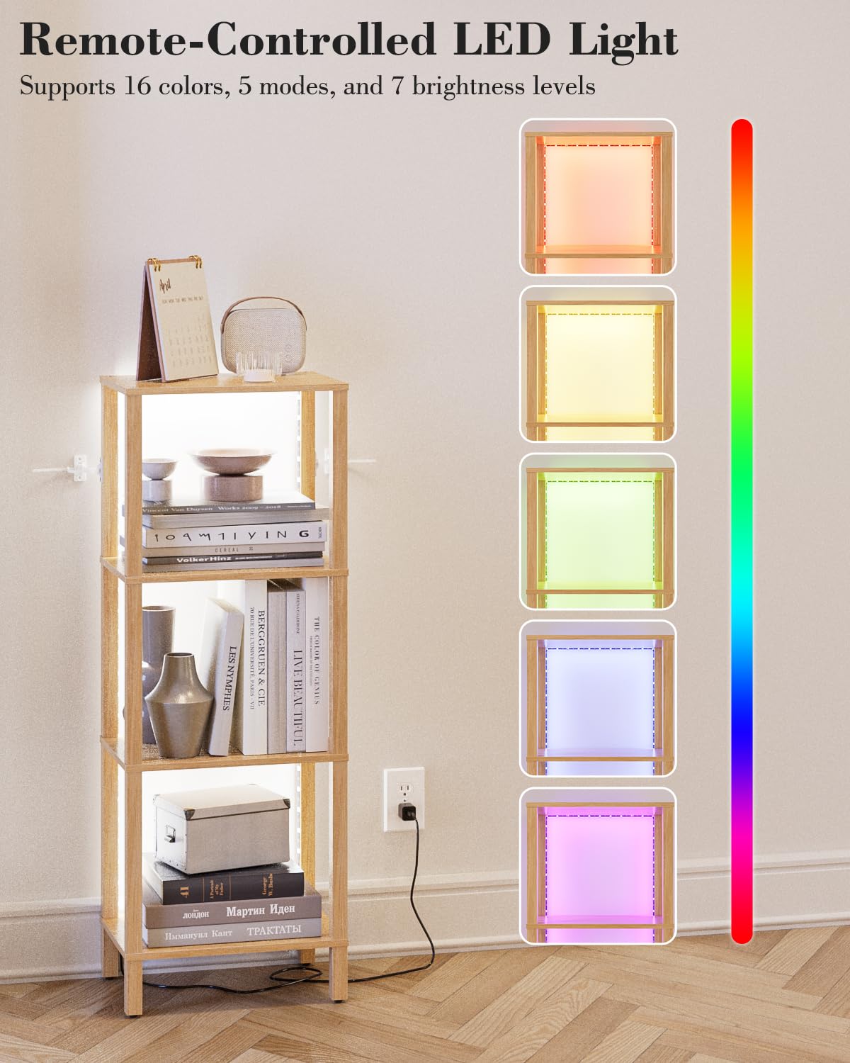 Apetaccat Open Book Shelf with LED Lights, 4 Tier Small Bookshelf, Freestanding Shelf Narrow Bookcase with Open Shelves, 14.96" x 10.63" x 41.26", Book Shelves for Living Room, Office, Study, Oak