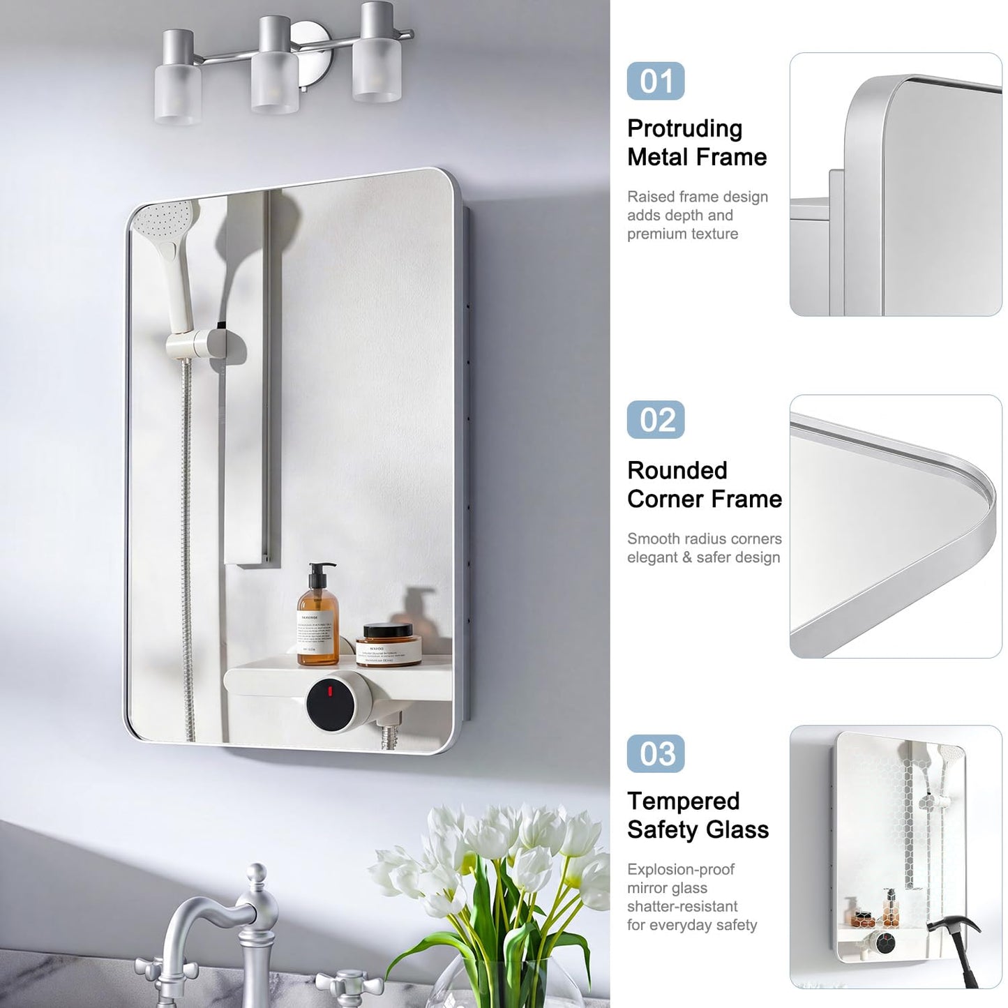 Venlus Silver Medicine Cabinet with Mirror, 16x24 Fully Assembled Recessed or Surface Mount Bathroom Medicine Cabinet, Metal Mirrored Cabinet with Adjustable Storage Shelves