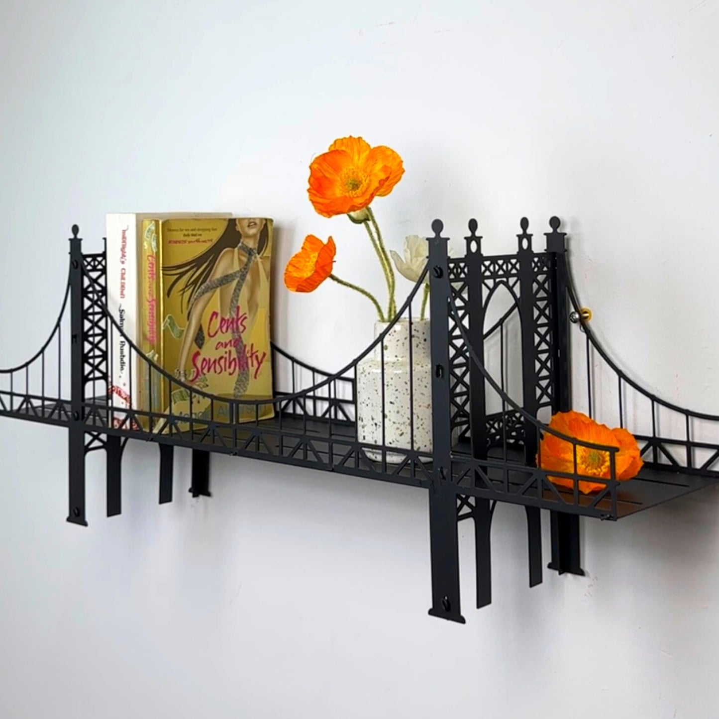 Suspension Bridge Wall Mounted Bookshelf, Black Metal Bridge Design, 26.38 x 10.28 x 5.51 inches