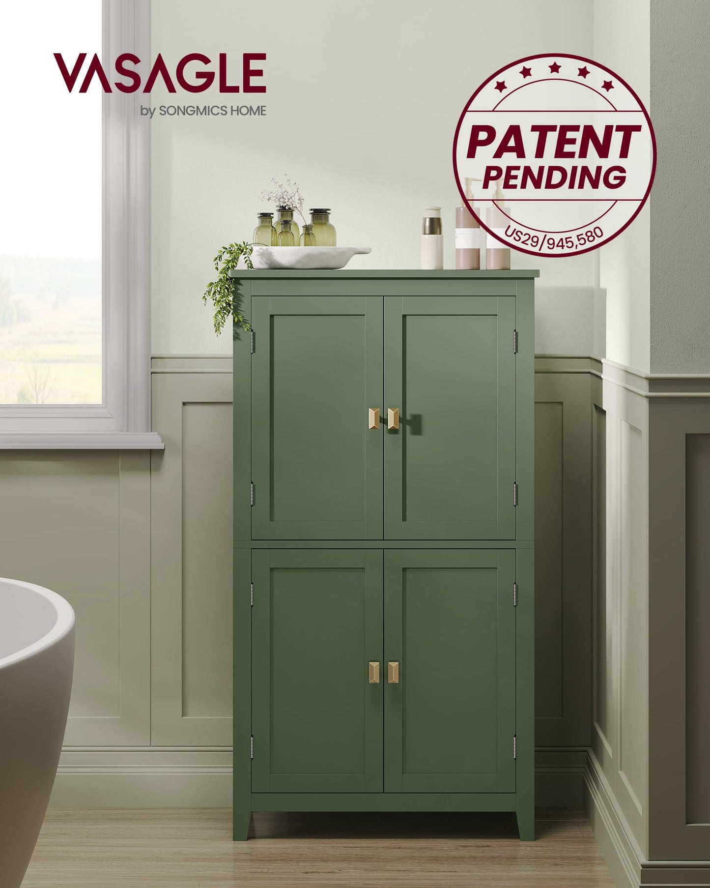 VASAGLE Floor Storage Cabinet, Freestanding Storage Unit with 4 Doors, Adjustable Shelves, 11.8 x 23.6 x 43.3 Inches, for Entryway, Bathroom, Forest Green UBBC552C01