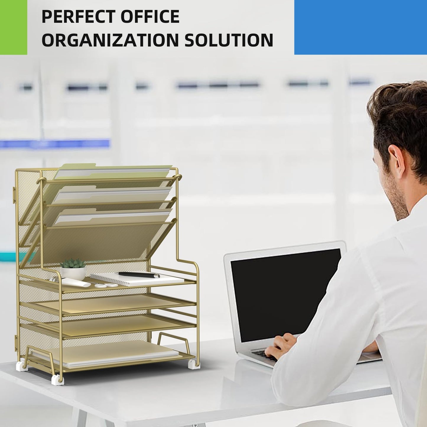 MINDEPOT 4-Tier Paper Organizer + 3-Pocket File Holder + Drawer + Pen Holders, Desktop File Organizers Paper Tray for Office Supplies School Classroom Organization (Gold, no Drawer & Pen Holder)