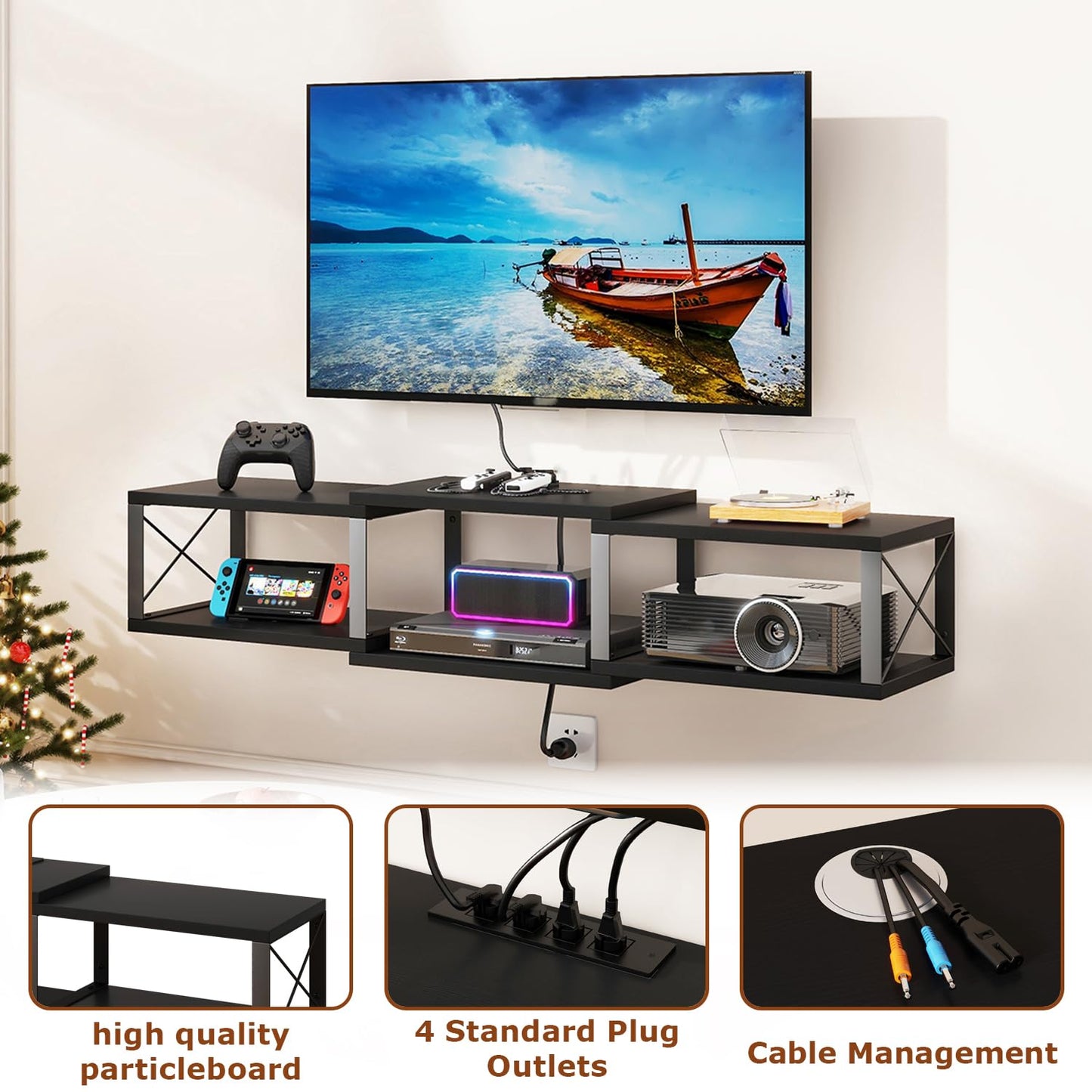 IBUYKE Floating TV Stand with Power Outlet,Wall-Mounted Floating Stand for TVs up to 55",Metal Wall Entertainment Center,Wall Mounted TV Shelf with Storage for Living Room Bedroom,Black UWST011B
