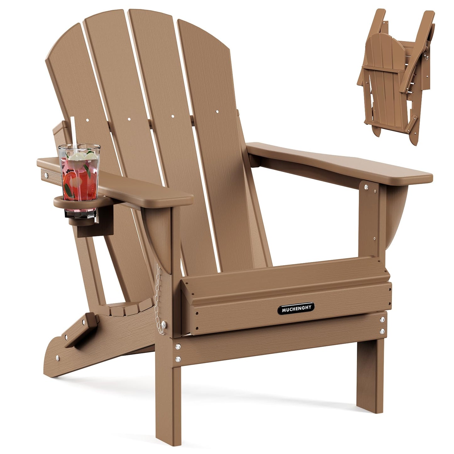 MUCHENGHY Folding Adirondack Chairs, Patio Chairs, Lawn Chairs, Outdoor Chair, Adirondack Chair Plastic, Fire Pit Chairs, Weather Resistant with Cup Holder for Deck, Backyard, Garden(Teak)
