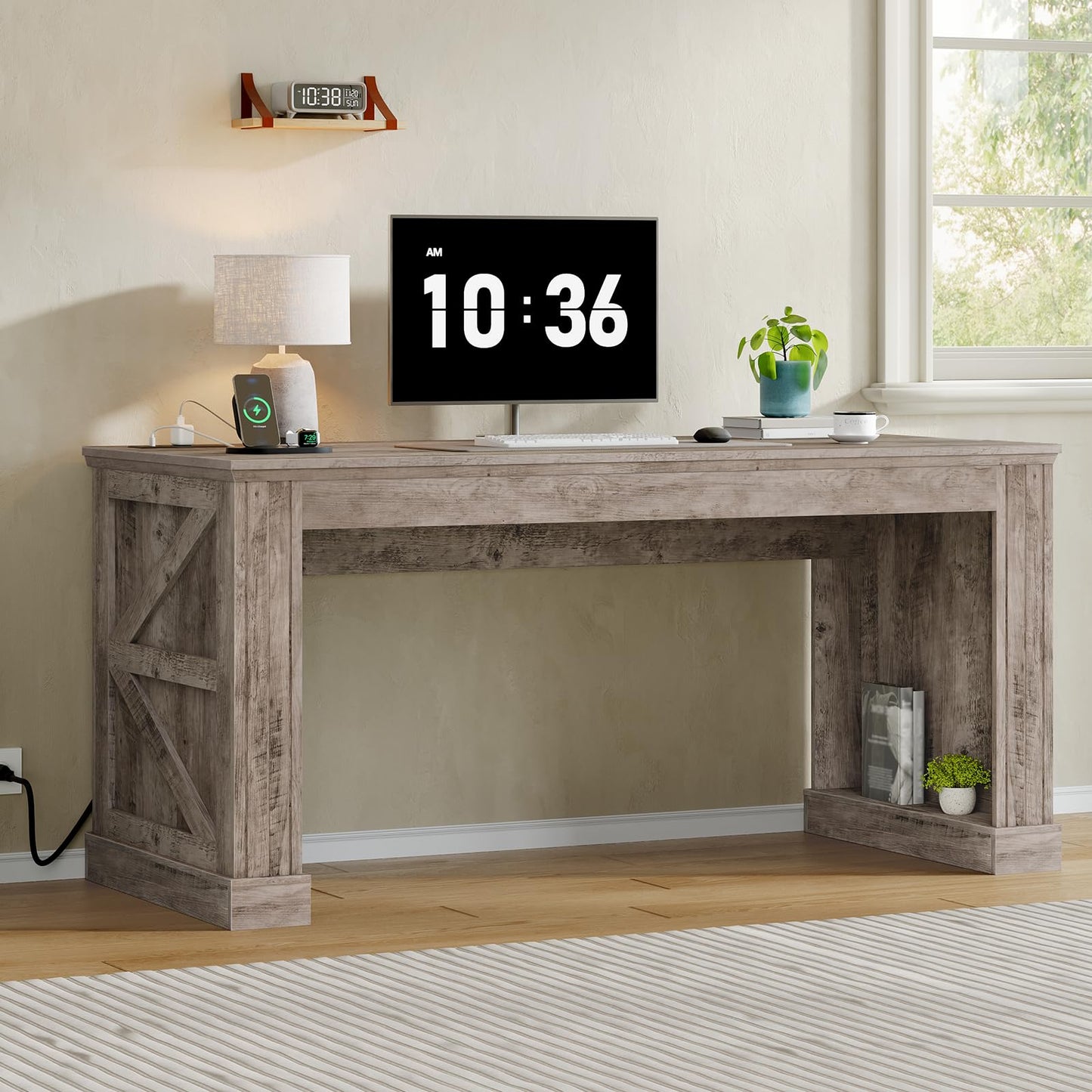 STHYTON 63-Inch Farmhouse Executive Desk, Long Computer Desk with Built-in Charging Station & Bottom Storage, Home Office Writing Study Desk for Bedroom, Living Room, Oak Gray