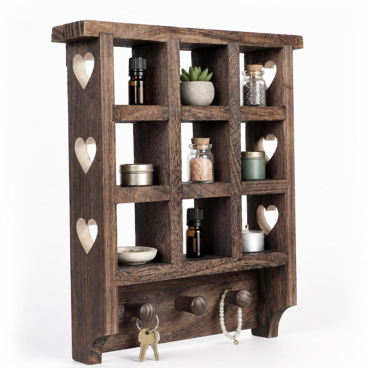 Trinket Shelf, Wooden Heart Shelf, 14 x 12 inch Floating Shelf, Wooden Trinket Shelf with Hearts and Pegs, Figurine Display Shelf, 9 Openings Heart Wall Shelf for Bedroom, Living Room, or Study Room