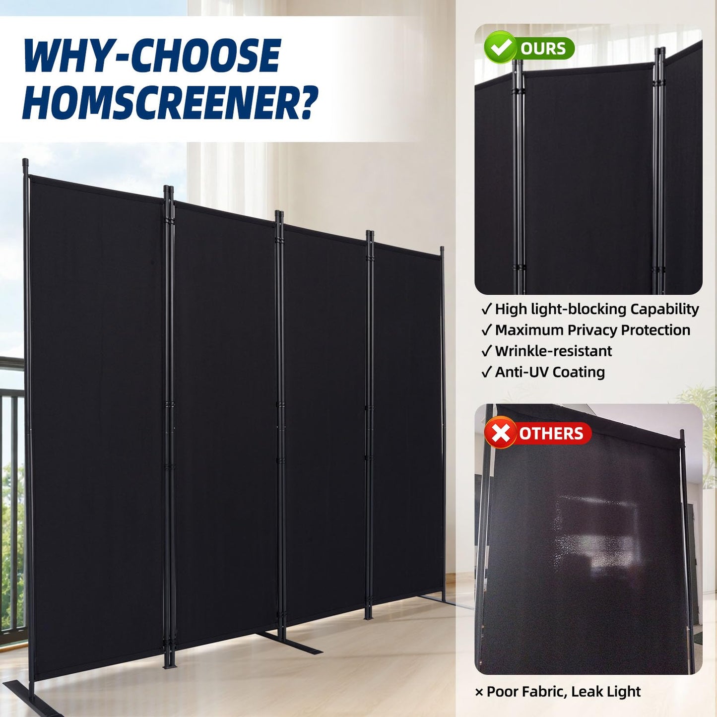 Room Divider and Folding Privacy Screens, Wide Room Divider Wall Screen for Room Separtition, Partition Room Dividers Fabric Panel Wall Dividers Freestanding for Office (Black, 4 Panel-88'' Wide)
