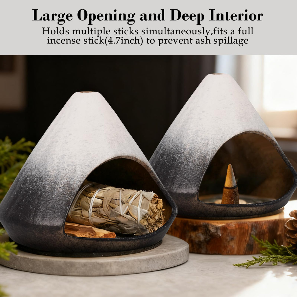 Fluvie Incense Burner Holder for Palo Santo Sticks,Sage,Cone,Mountain-Inspired Handcrafted Ceramic Ash Catcher Smudge Bowl for Yoga Meditation Energy Cleansing Room Décor,Black
