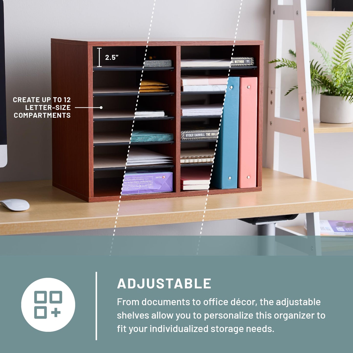 Safco Literature Organizer, 12 Compartments, Office and Classroom Mailbox with Adjustable Shelves, Wood Paper and Mail Sorter, Cherry